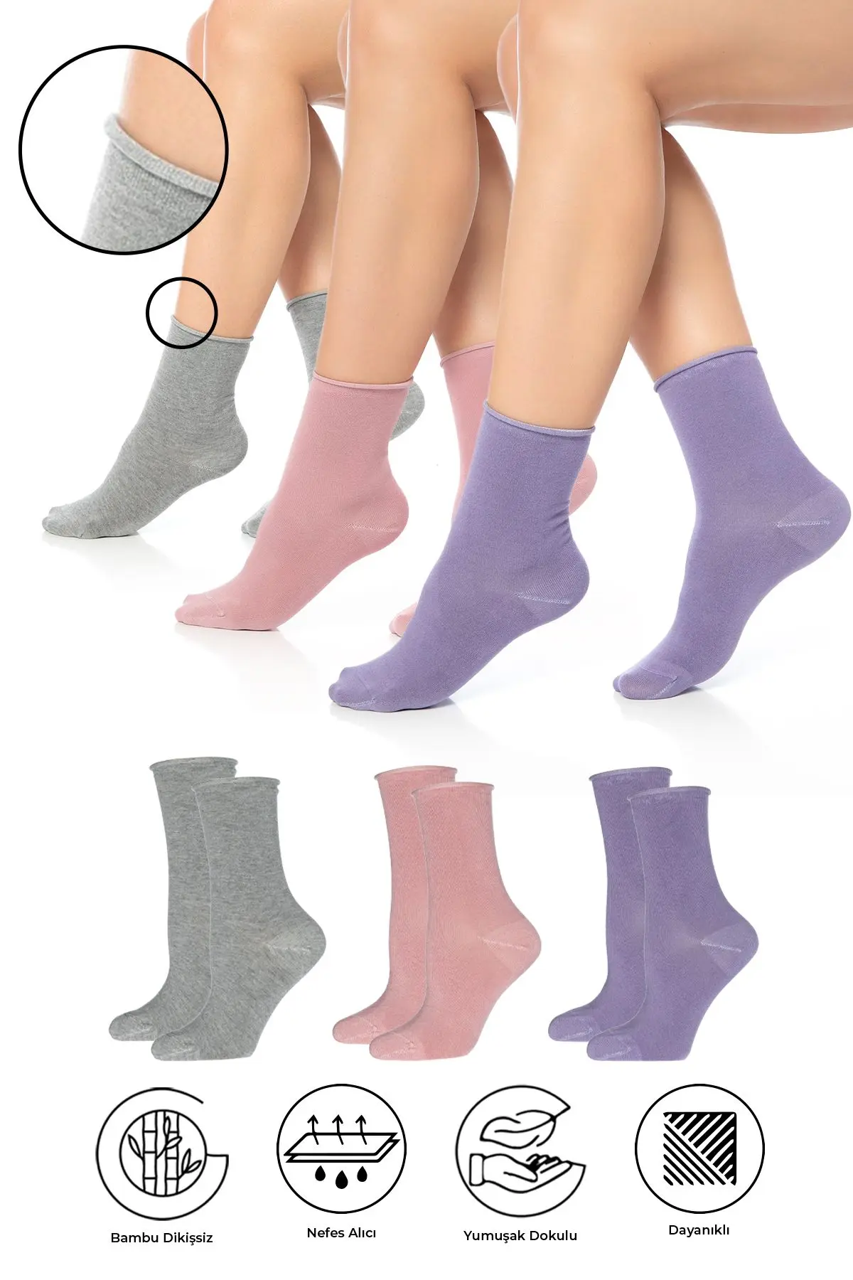 SAYSEZ Bambu Kadın Lastiksiz Gri-Pembe-Lila Soket Dikişsiz Premium Çorap 3'lü Paket / İz Bırakmaz - Sıkmaz
