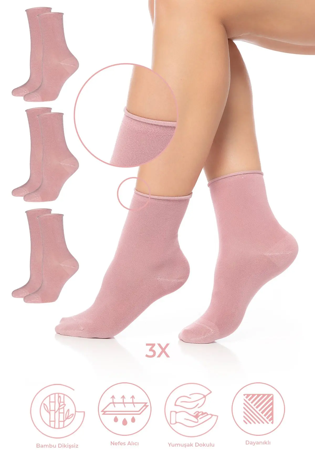 SAYSEZ Bambu Kadın Lastiksiz Pembe Soket Dikişsiz Premium Çorap 3'lü Paket / İz Bırakmaz / Sıkmayan Çorap