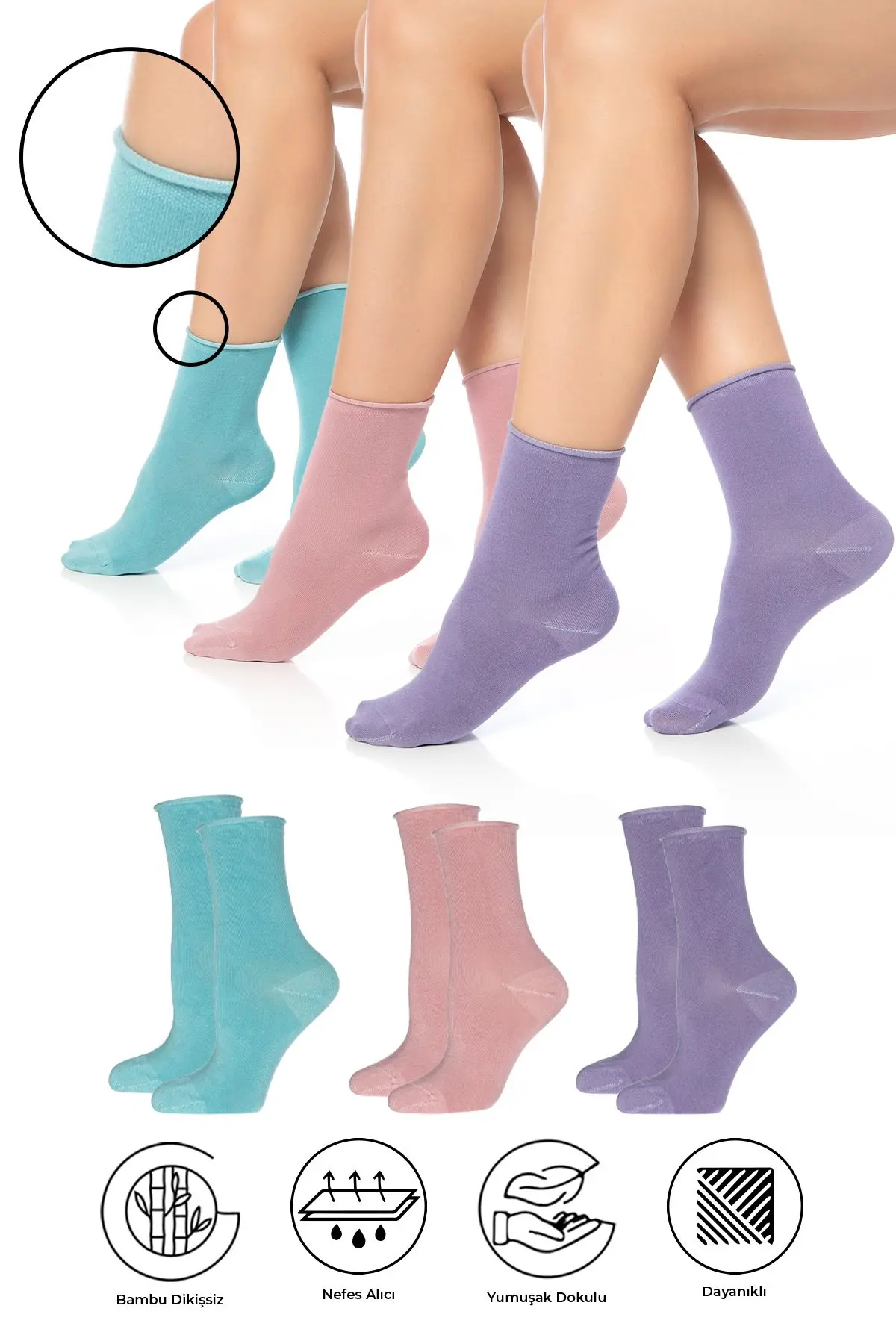 SAYSEZ Bambu Kadın Lastiksiz Pembe-Lila-Su Yeşili Soket Dikişsiz Premium Çorap 3'lü Paket / Sıkmayan Çorap