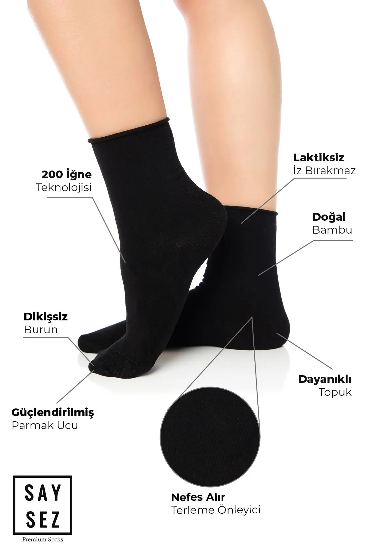 Bambu Kadın Lastiksiz Siyah-Beyaz-Gri (Asorti) Soket Dikişsiz Premium Çorap 3'lü /İz Bırakmaz/Sıkmaz