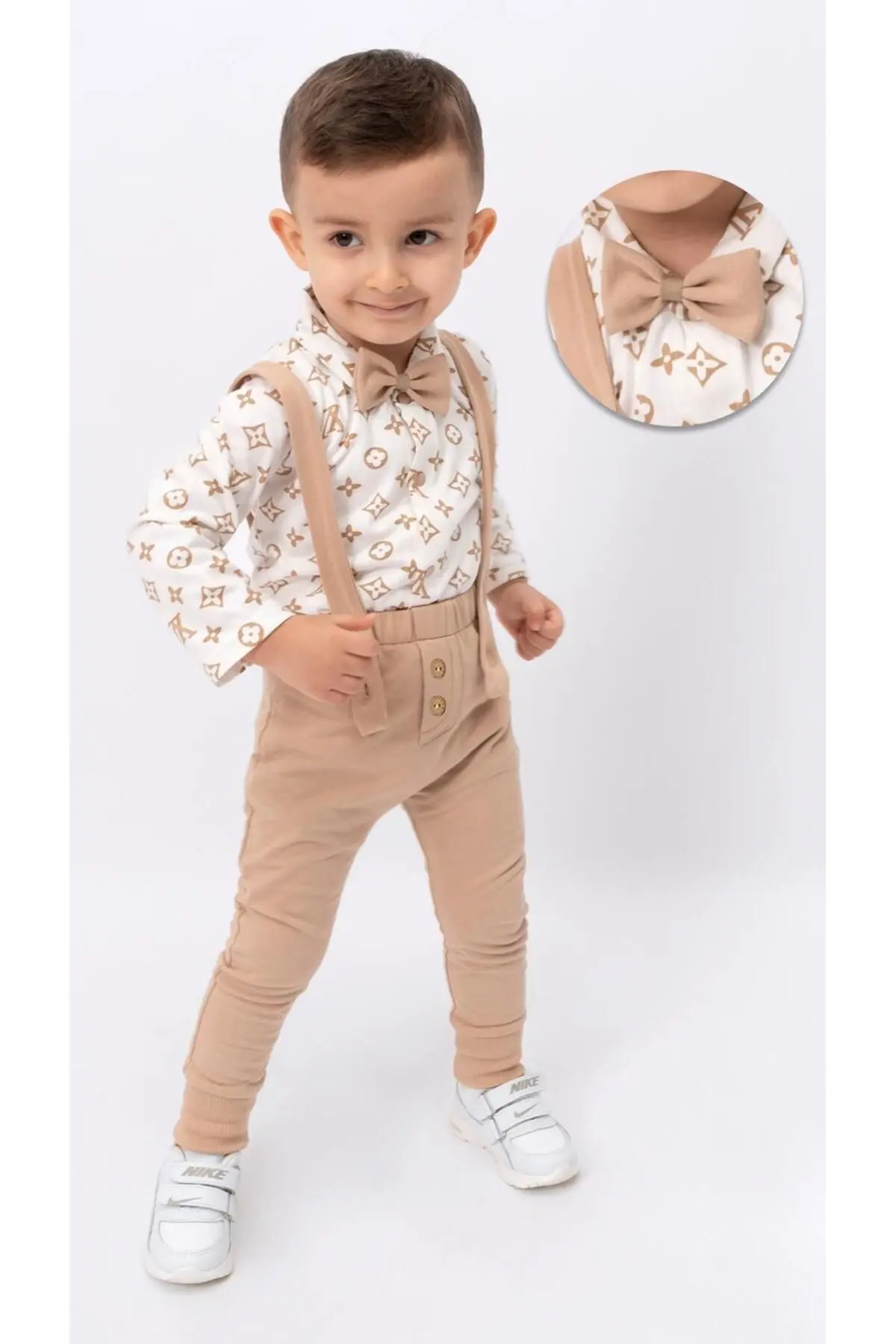 ZİMBOO Ahşap düğmeli papyonlu erkek bebek slopet takım