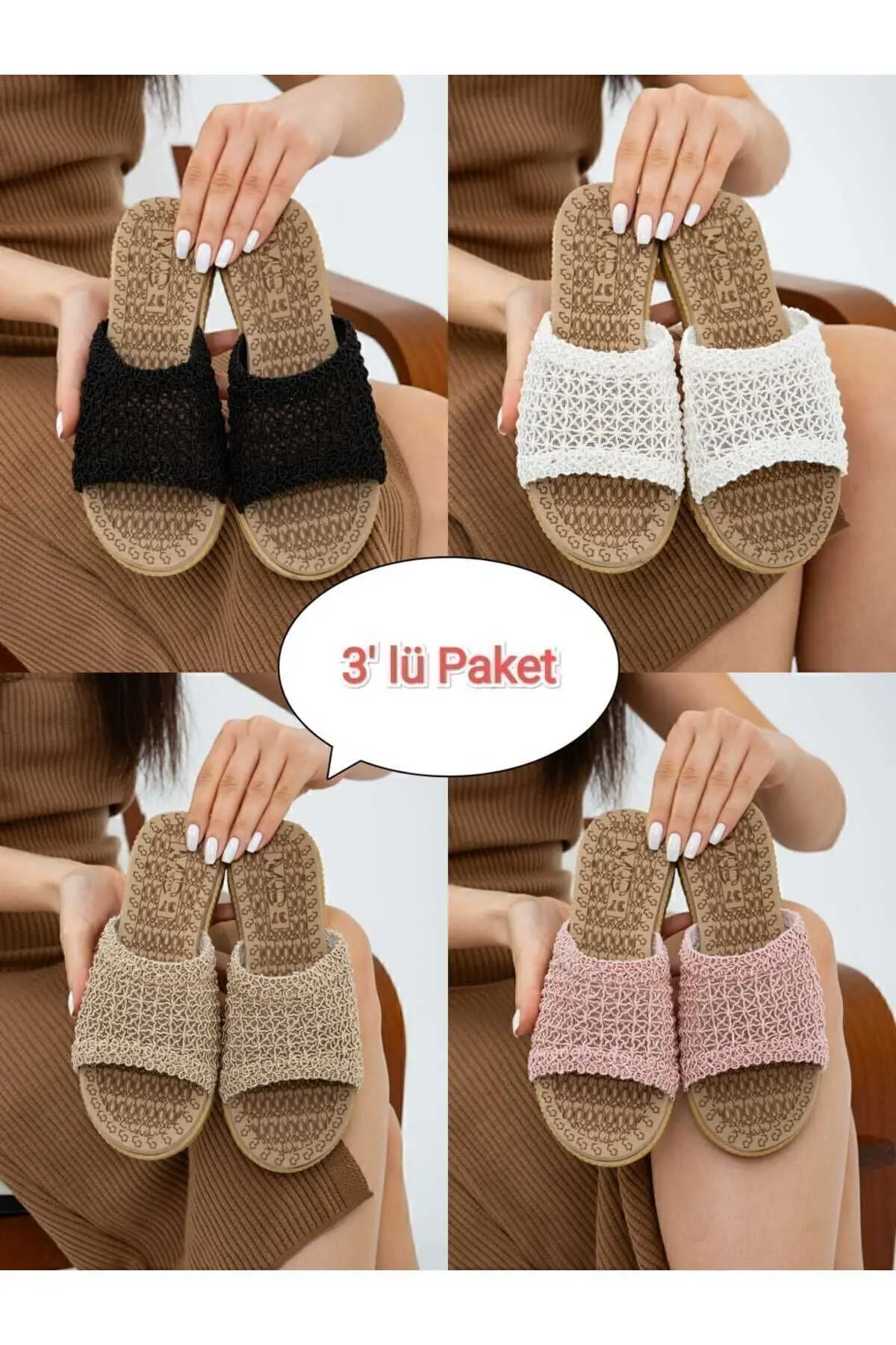 Moda Devrin 3'lü Paket Önü Açık Hasır Örgü Dış Mekan Ve Ev Terliği Çeyiz Bohça Seti