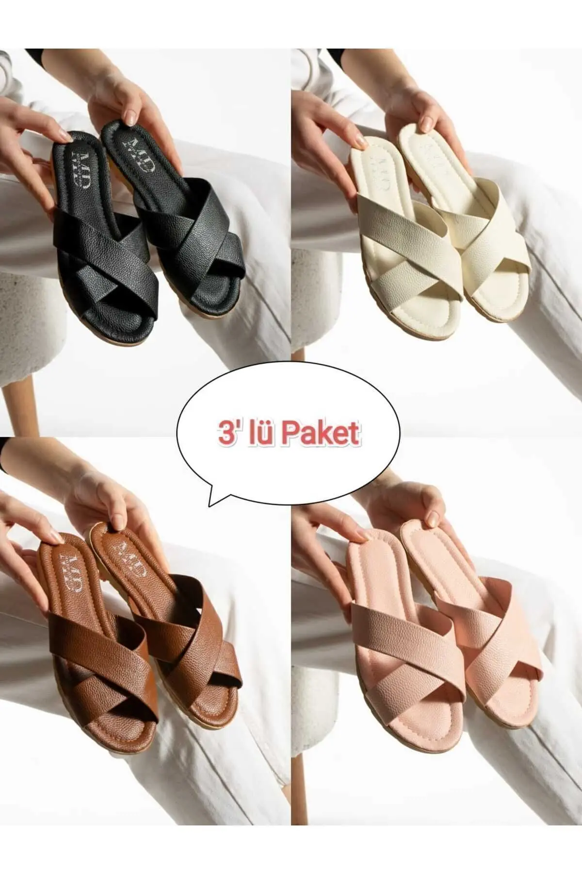Moda Devrin 3'lü Paket Çapraz Kadın Terlik Dış Mekan Ve Ev Terliği Çeyiz Bohça Seti