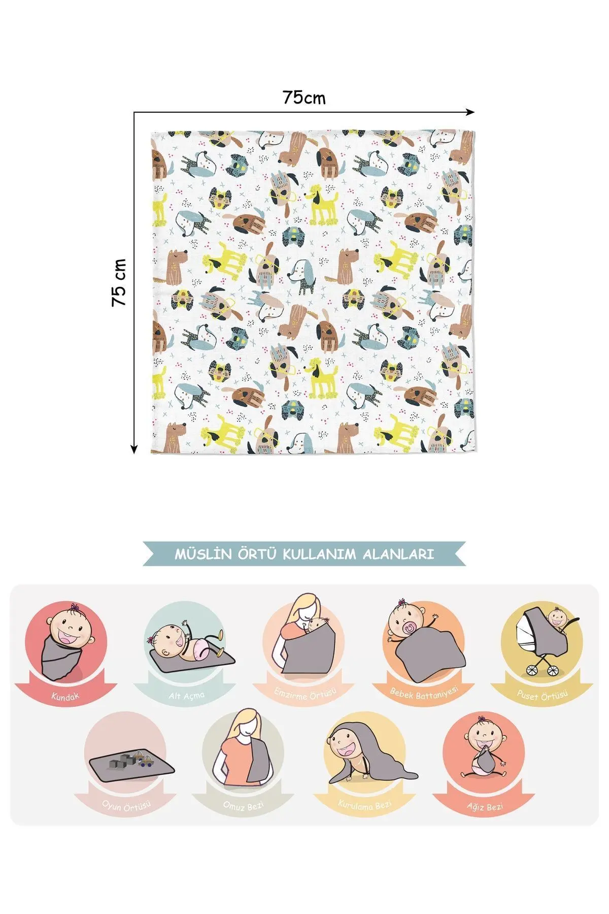 Dijital Baskılı 6'lı Çok Amaçlı Müslin Örtü Seti - 75x75 Cm