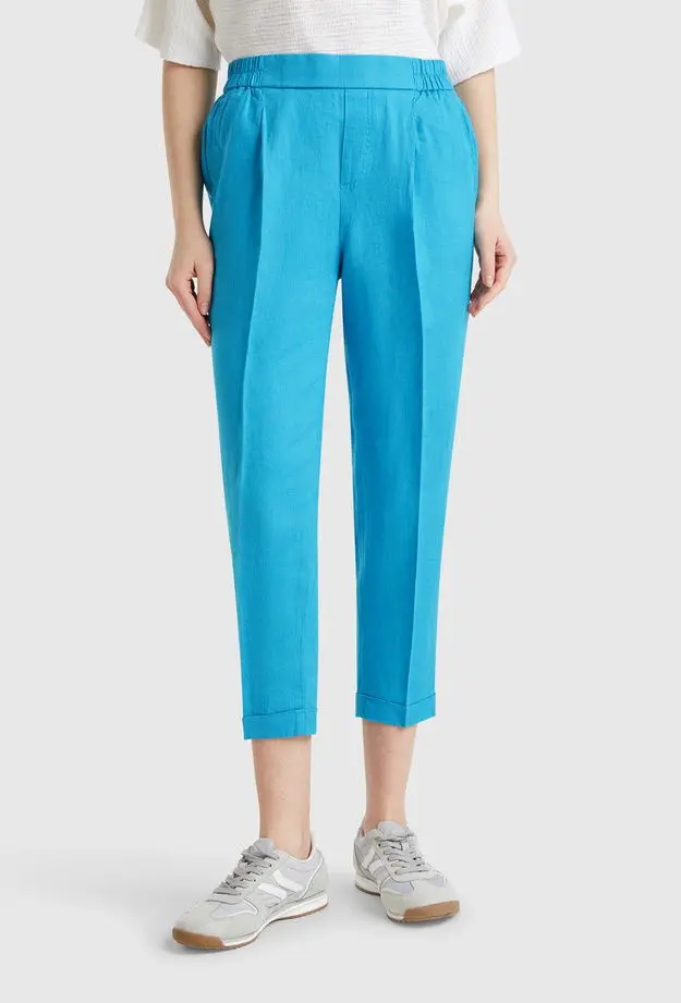 United Colors of Benetton Kadın Mavi %100 Keten Beli Lastikli Pantolon