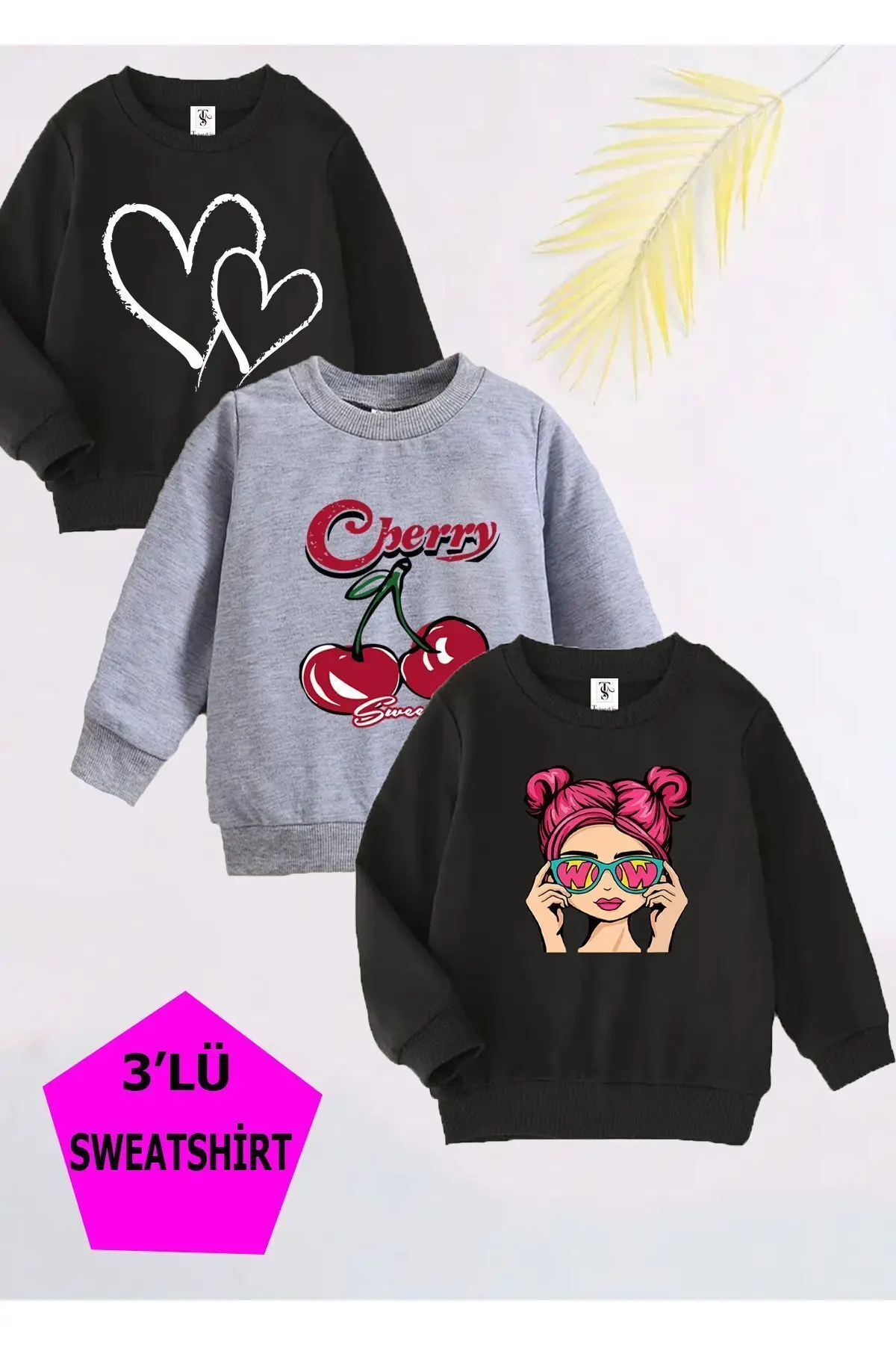 twins tailors İçi polarlı Kız Baskılı Siyah-Gri-Siyah Üçlü Bisiklet Yaka Kız Çocuk Sweatshirt