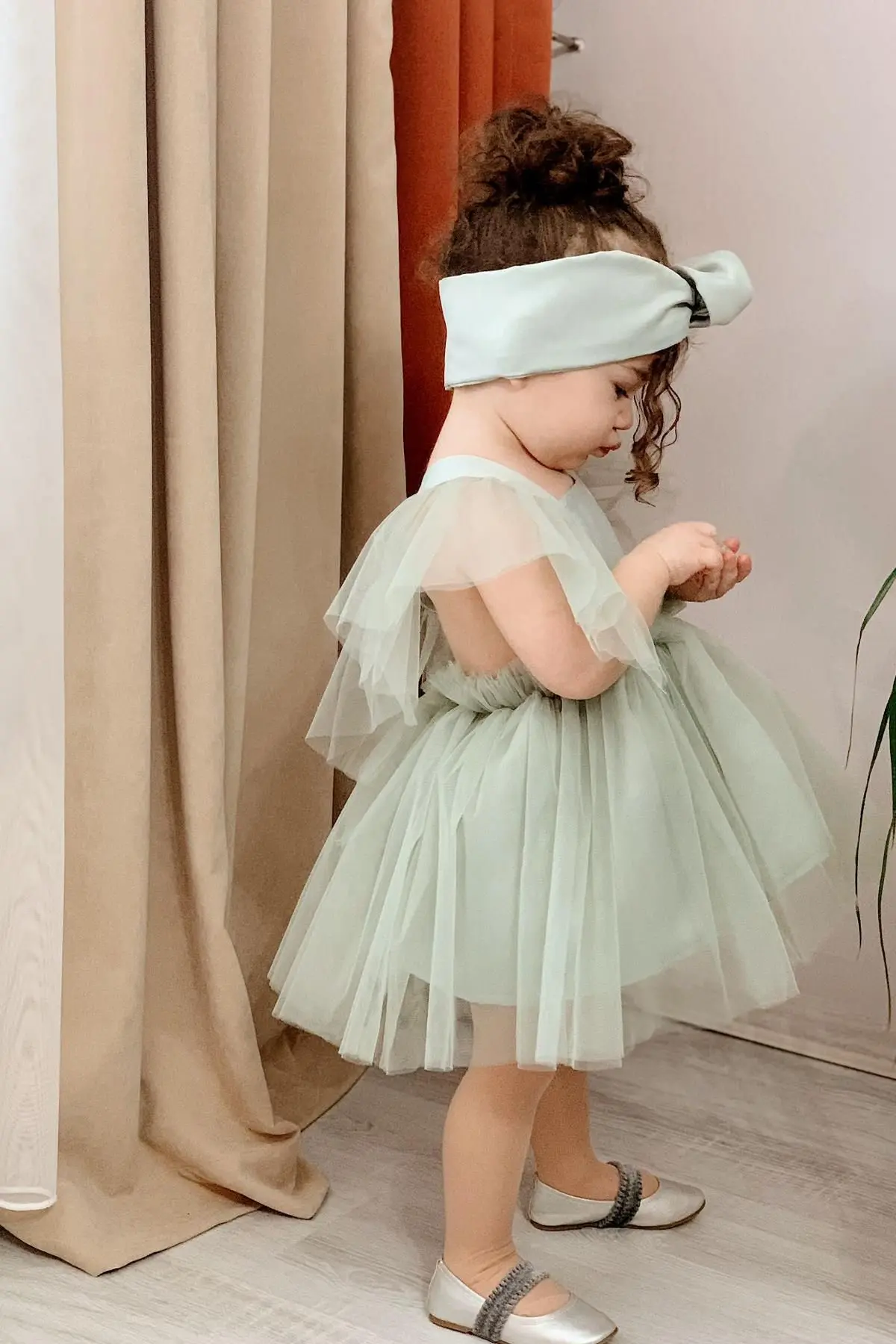 Su Yeşili Kız Çocuk Saten Abiye Elbise Kız Çocuk Doğum Günü Parti Kutlama Kıyafeti