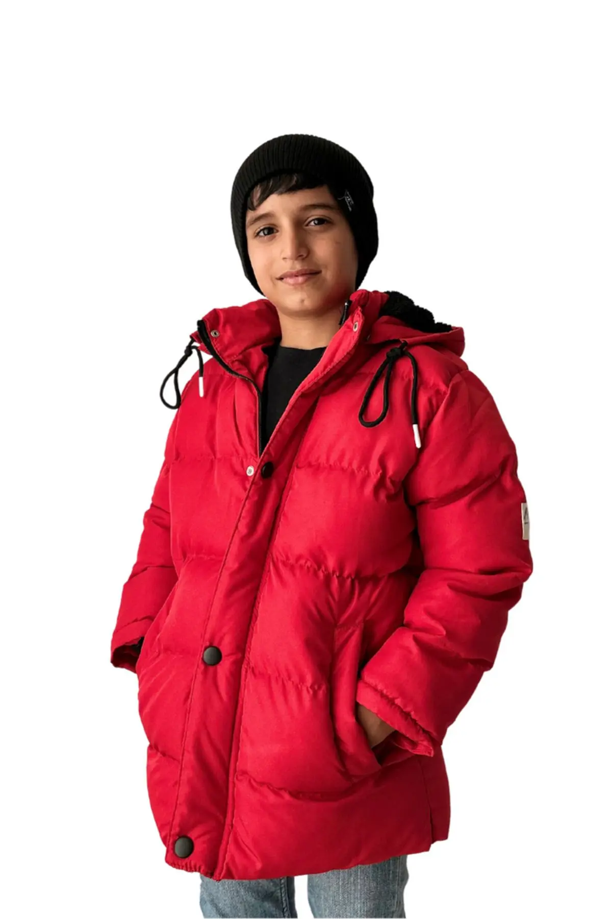 Kırmızı Erkek Çocuk Montu - Içi Kürklü Çıkarılabilir Kapüşonlu Kırmızı Çocuk Mont