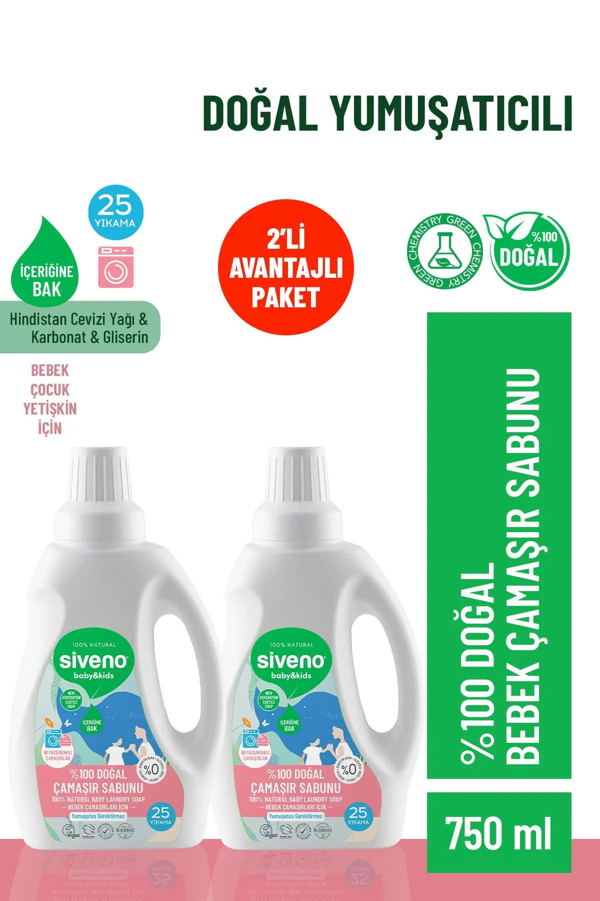 Siveno %100 Doğal Bebek Çamaşır Sabunu Kendinden Yumuşatıcılı Bitkisel Deterjan Konsantre 750 ml X 2 Adet