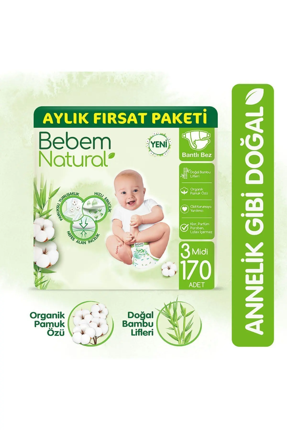 Bebem Natural Bebek Bezi 3 Beden Midi Aylık Fırsat Paketi 170 Adet