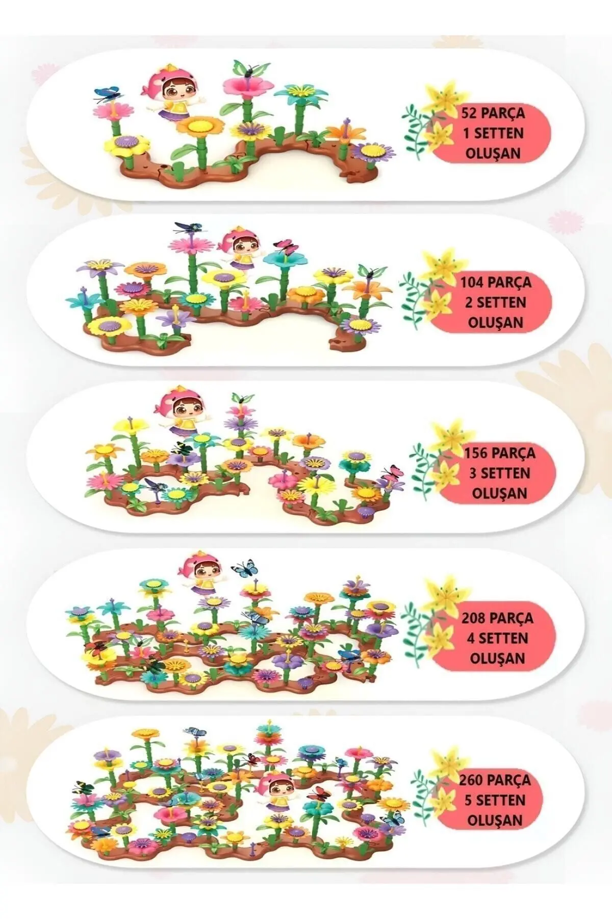 52 Parça Bahçe Çiçek Yapım Seti Yapı Blokları Yapboz Bul Tak Puzzle Eğitici Oyuncak