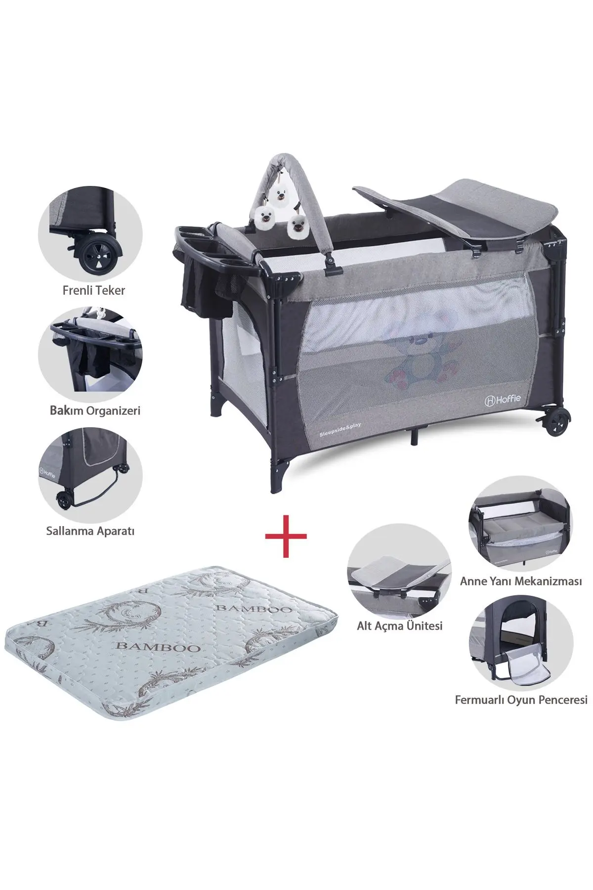 Hoffie Sleep Side Play Anne Yanı Park Yatak Sallanır Cibinlikli Oyun Parkı Beşik 70X110 Cm +Yatak