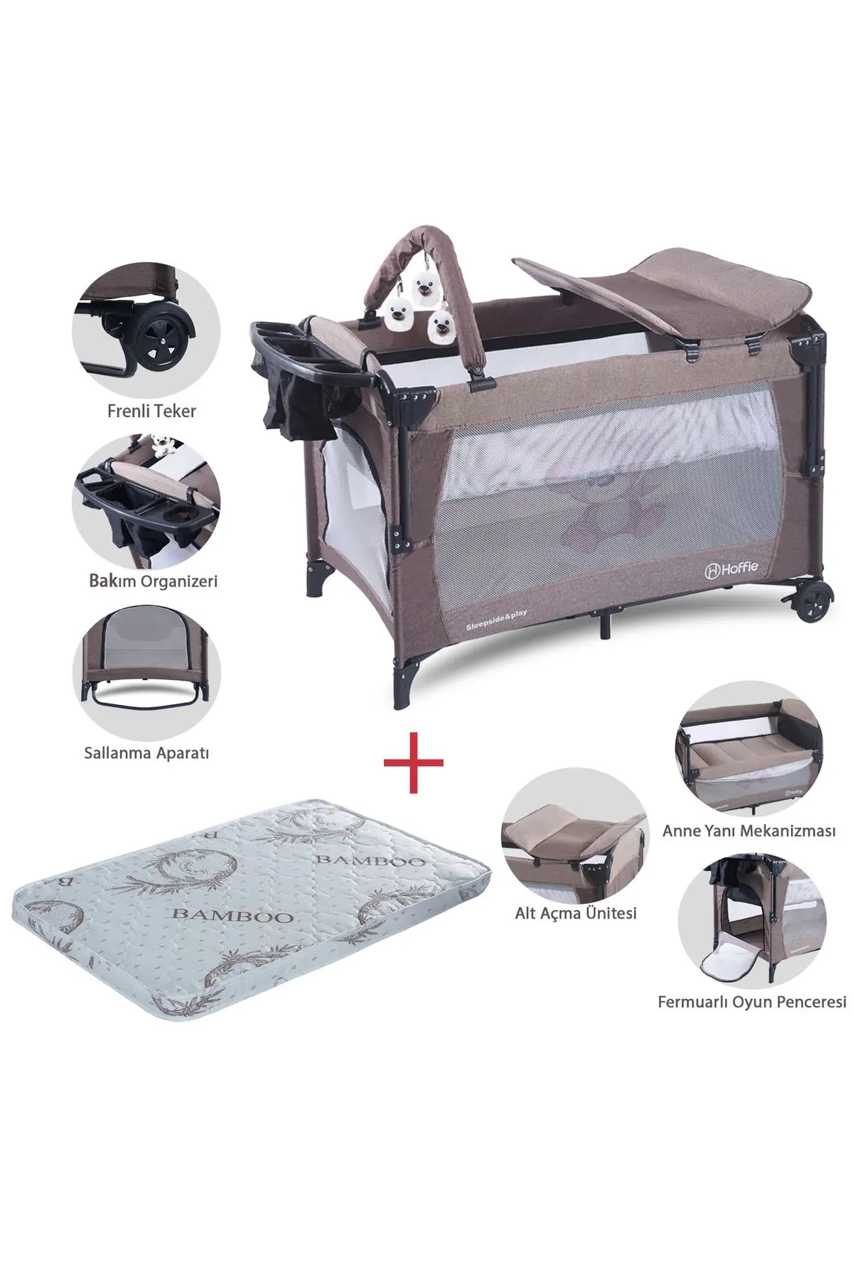 Hoffie Sleep Side Play Anne Yanı Park Yatak Sallanır Cibinlikli Oyun Parkı Beşik 70X110 Cm Yatak Hediyeli