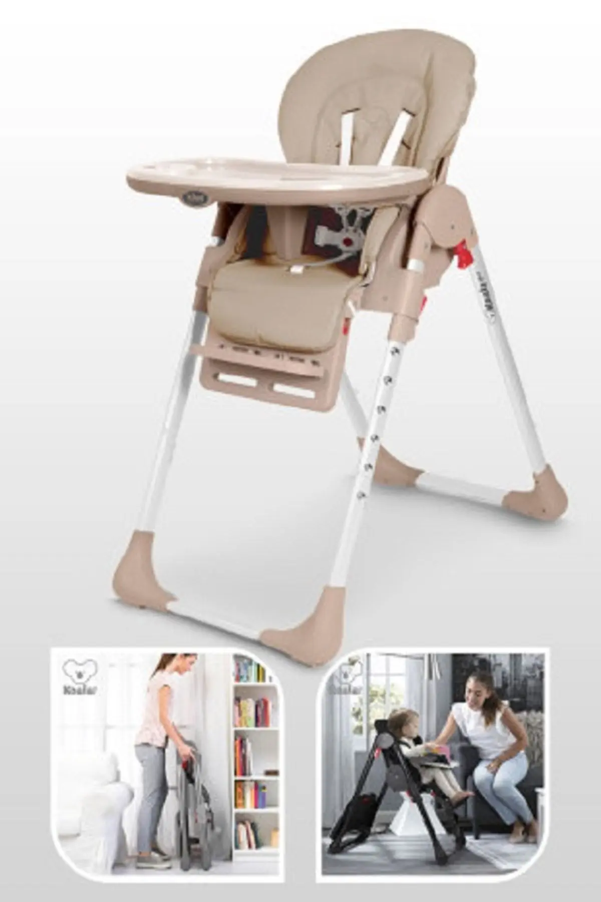 Koala Mama Sandalyesi Portatif Katlanır Yükseklik Ayarlı Tekerlekli İçi Pedli - Latte Renk