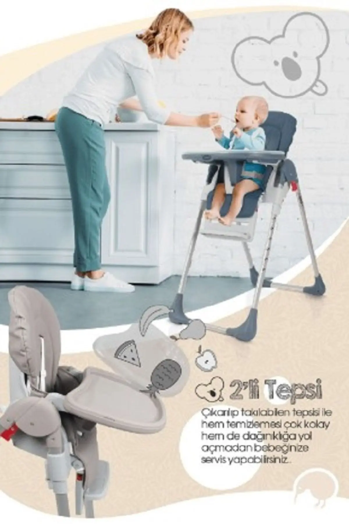 Koala Mama Sandalyesi Portatif Katlanır Yükseklik Ayarlı Tekerlekli İçi Pedli - Latte Renk