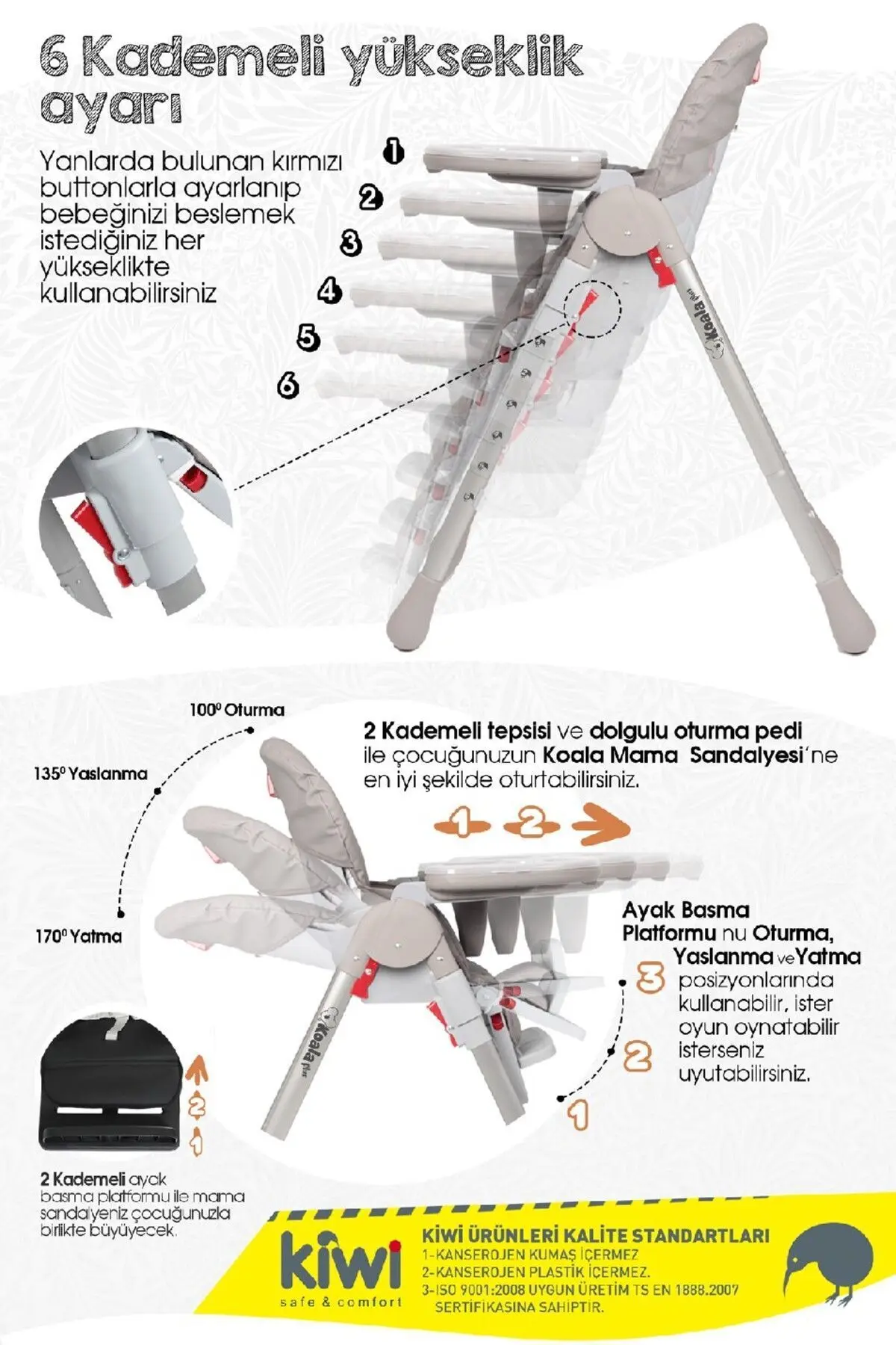 Koala Mama Sandalyesi Portatif Katlanır Yükseklik Ayarlı Tekerlekli İçi Pedli - Somon Renk