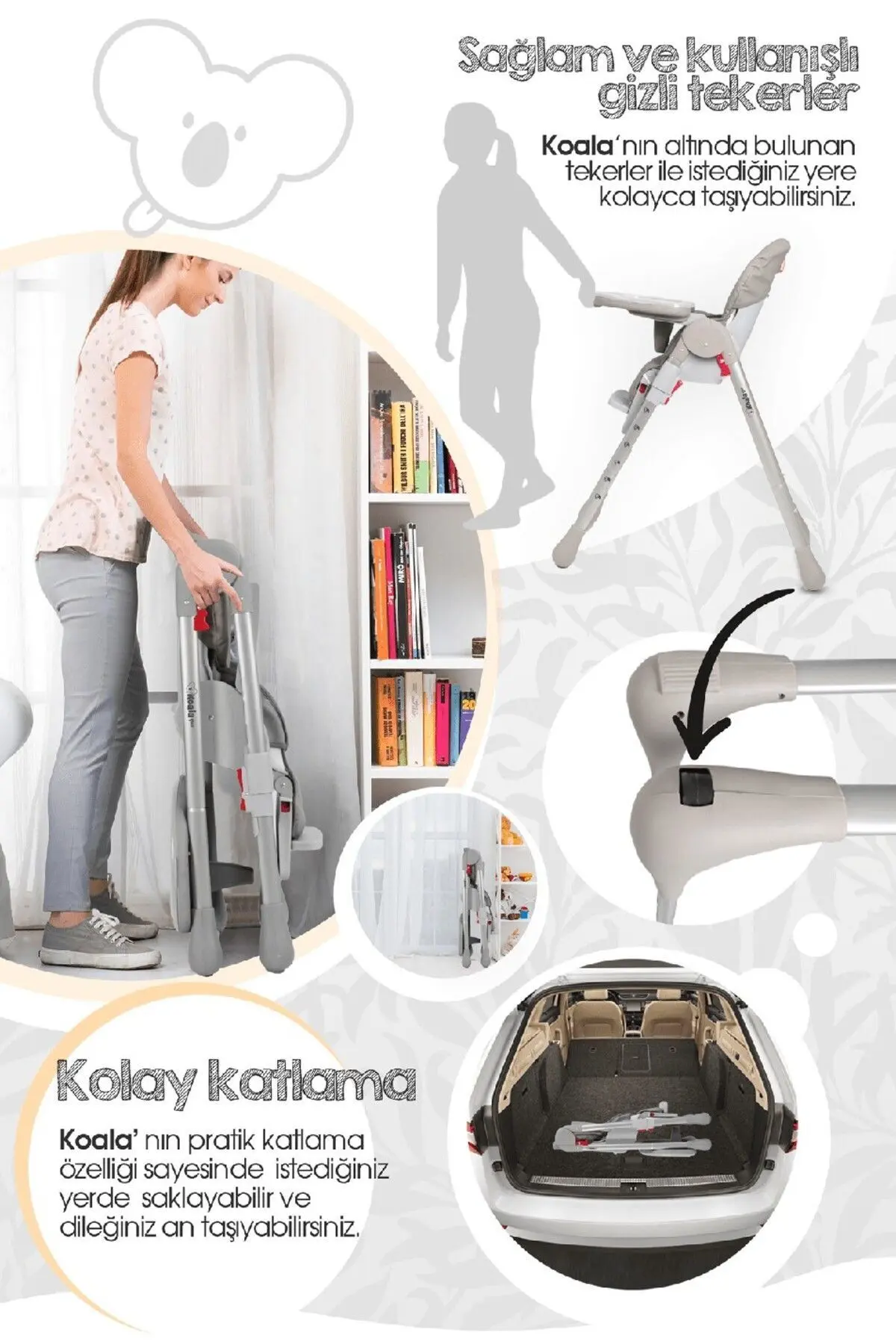 Koala Bebek Mama Sandalyesi, Ek Gıda Masası, Katlanabilir, Portatif, Kurulumu Kolay, 5 Nokta Kemer