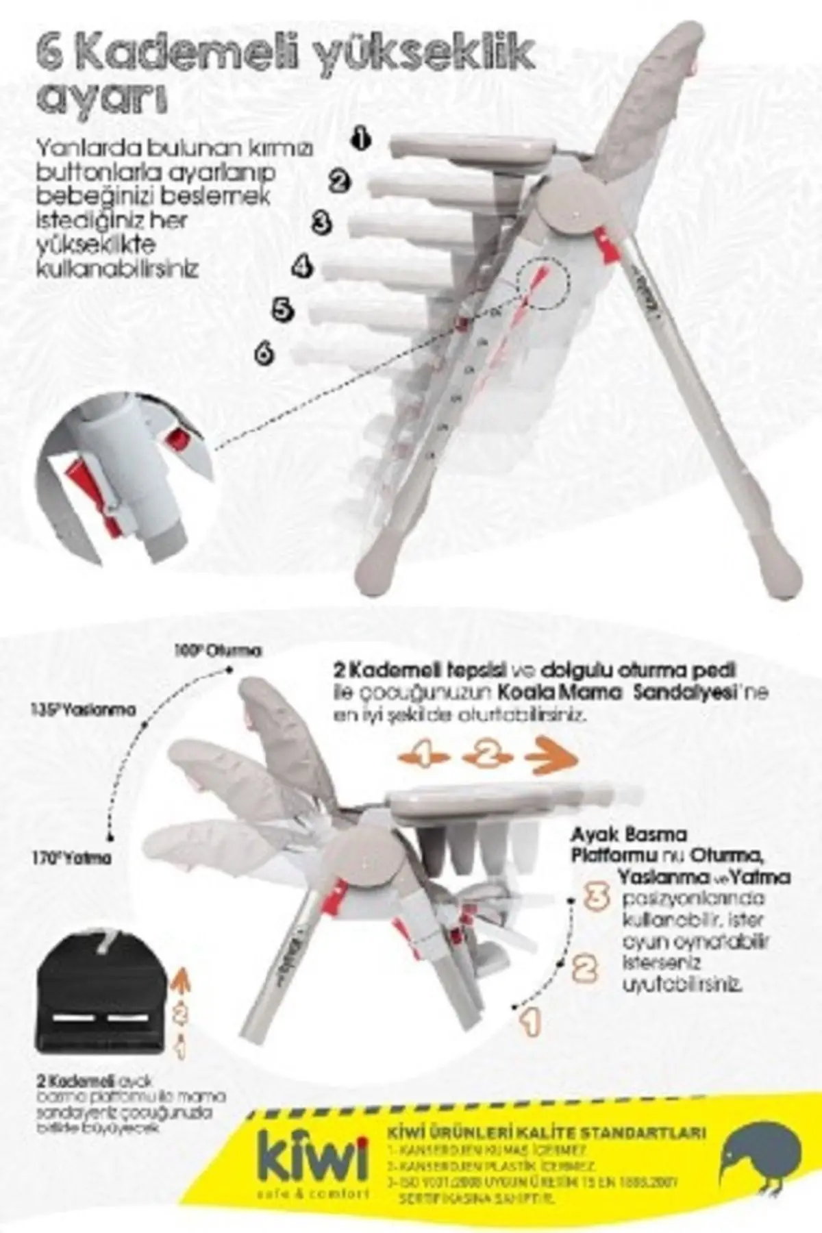 Koala Mama Sandalyesi Portatif Katlanır Yükseklik Ayarlı Tekerlekli İçi Pedli - Latte Renk