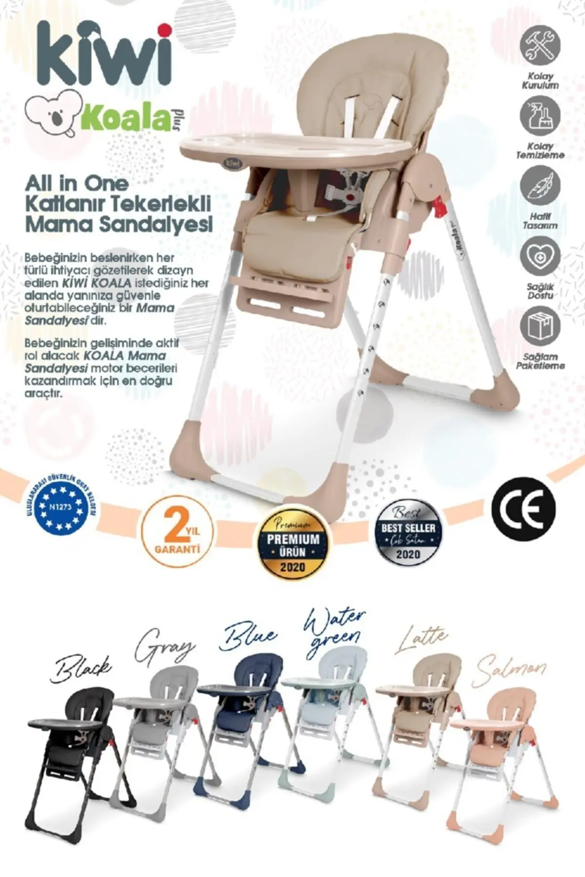 Koala All In One Katlanır Tekerlekli Mama Sandalyesi - Su Yeşili