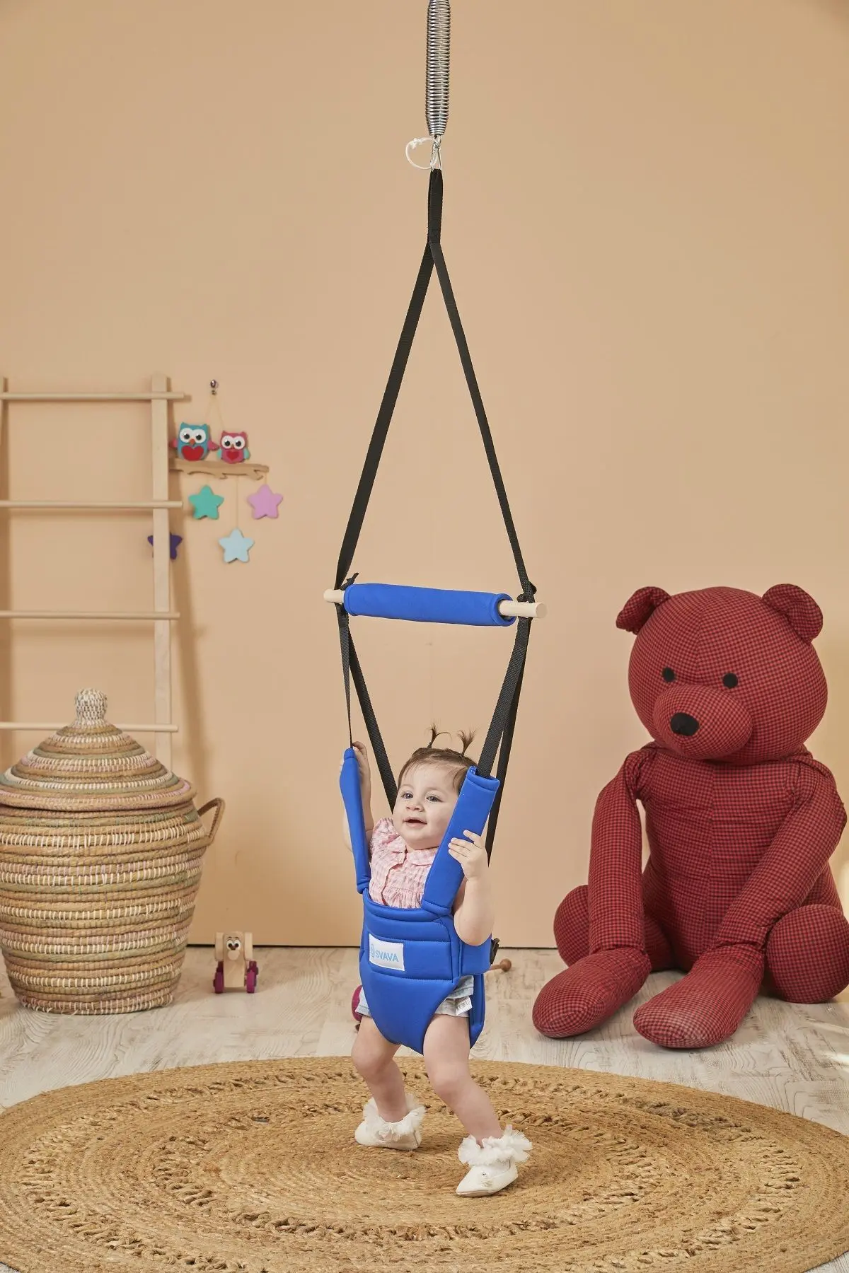 Svava Hoppala Zıpzıp Yüz Korumalı Kanguru, Yaylı Denge Bebek Yürüteci Doğal Ahşap Mavi