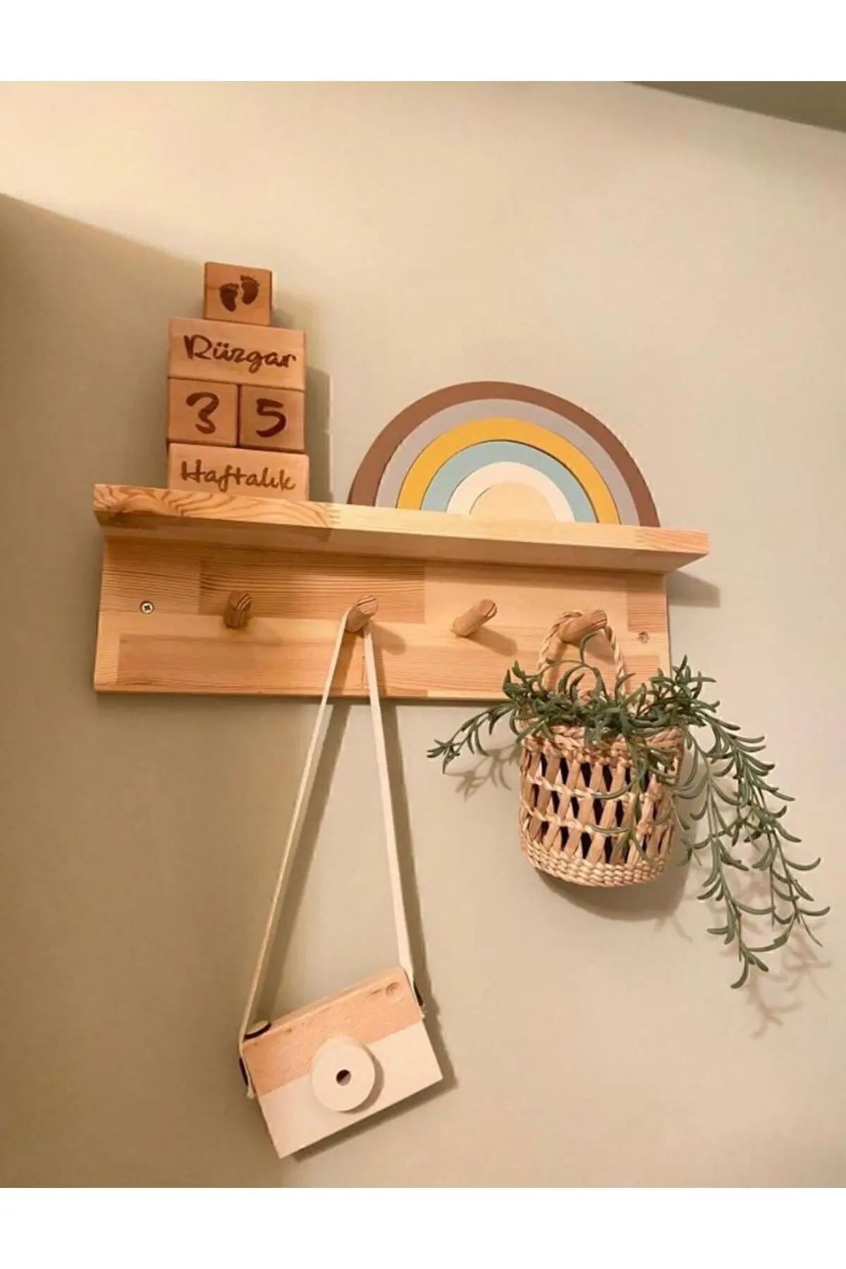 BEJ Kaktüs Sepet, Dekoratif Hasır Sepet, Askı Sepet, Çocuk Odası Aksesuarı