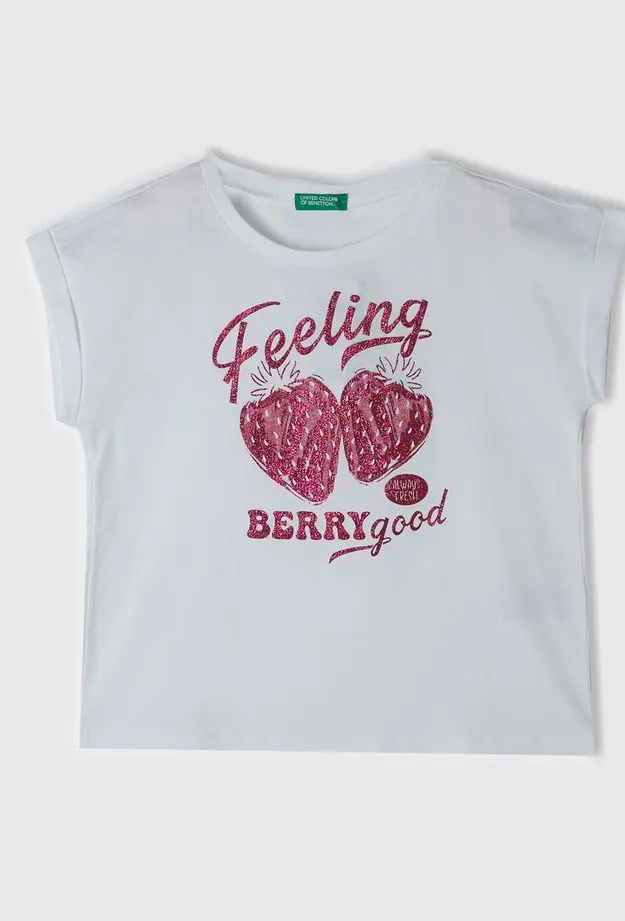 United Colors of Benetton Kız Çocuk Beyaz Önü Parlak Grafik Baskılı Kıvrık Kol Bisiklet Yaka T-Shirt