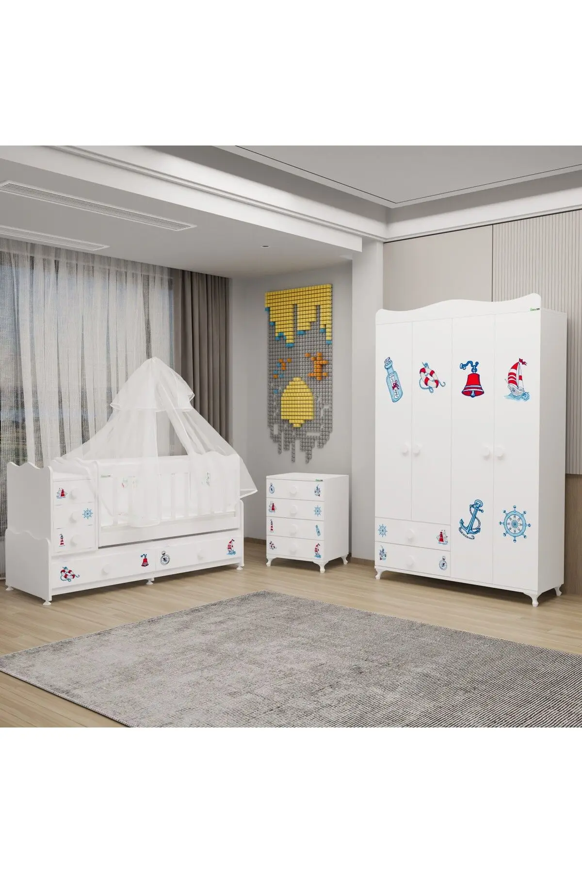 Garaj Home Melina Yıldız 4 Kapaklı Bebek Odası + Yatak + Uyku Seti - Denizci