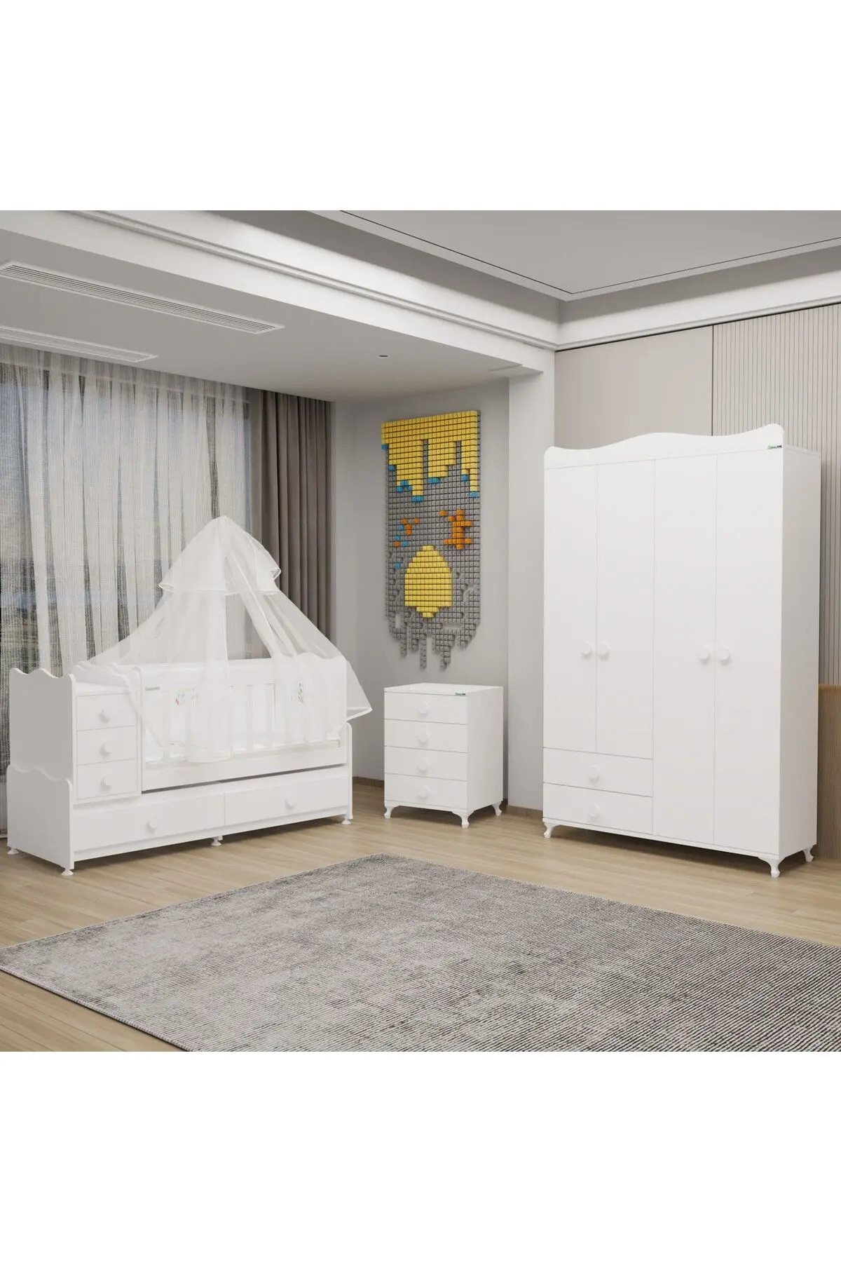 Garaj Home Melina Yıldız 4 Kapaklı Bebek Odası + Yatak + Uyku Seti - Beyaz