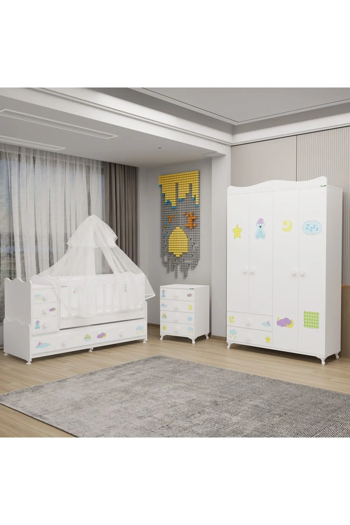 Garaj Home Melina Yıldız 4 Kapaklı Bebek Odası + Yatak + Uyku Seti - Uykucu