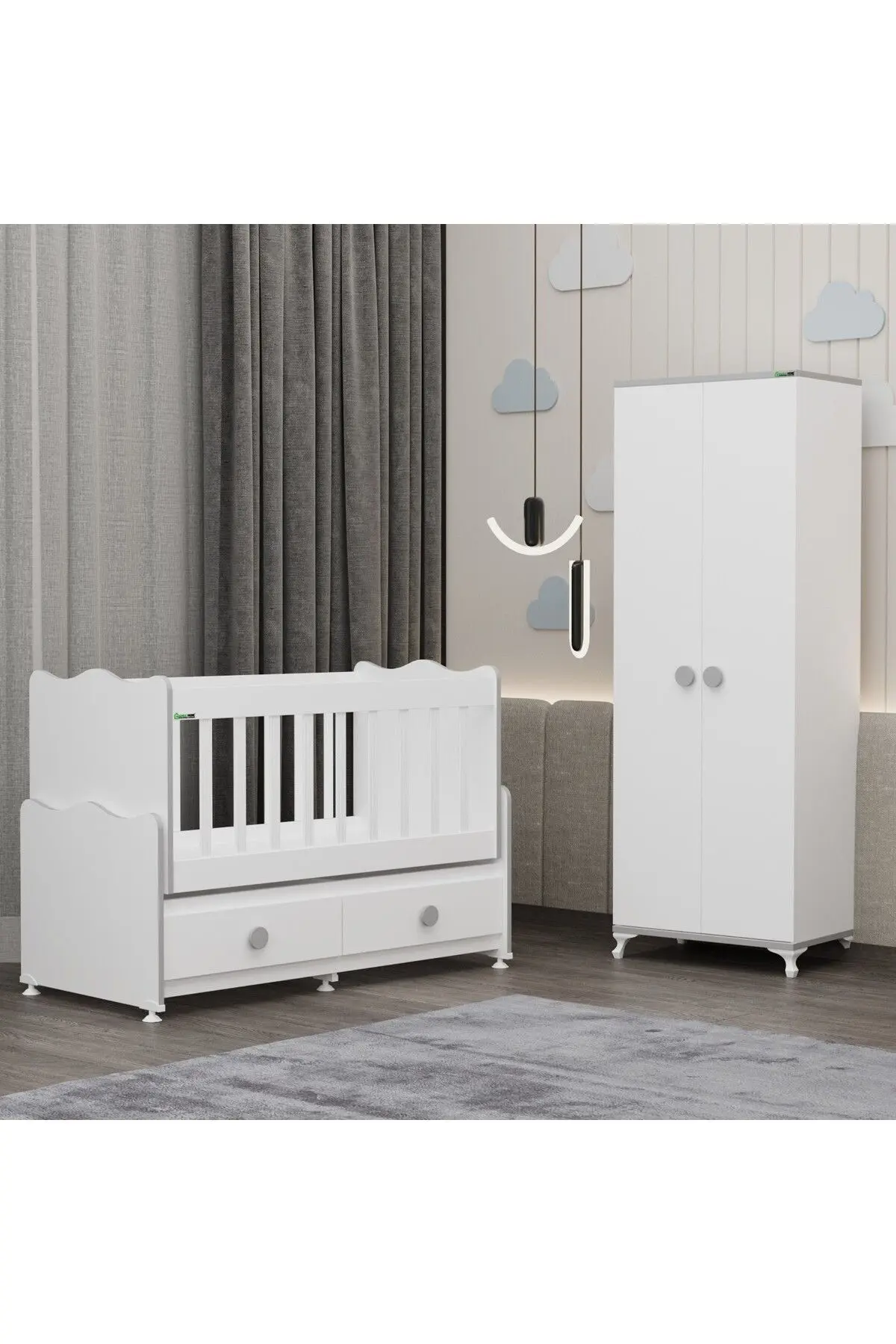 Garaj Home Elegant Beşik ve Yıldız 2 Kapaklı Dolap- Gri