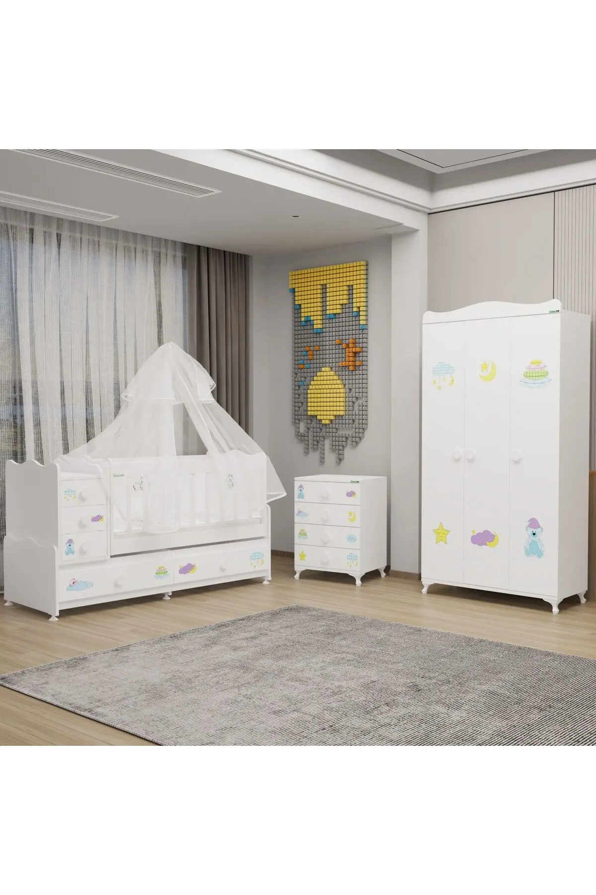 Garaj Home Melina Yıldız 3 Kapaklı Bebek Odası + Yatak + Uyku Seti - Uykucu
