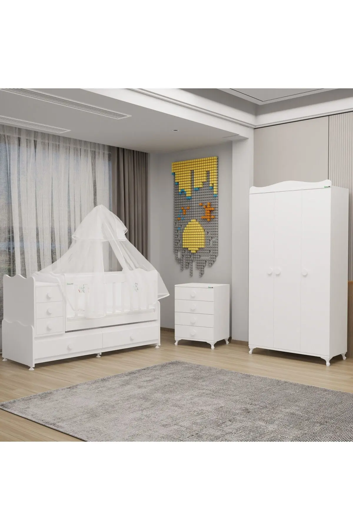 Garaj Home Melina Yıldız 3 Kapaklı Bebek Odası + Yatak + Uyku Seti - Beyaz