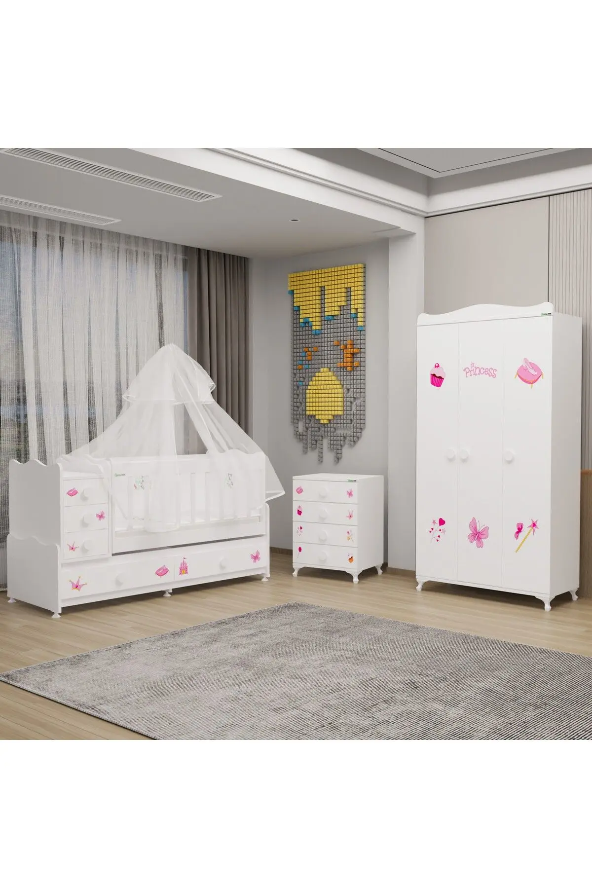Garaj Home Melina Yıldız 3 Kapaklı Bebek Odası + Yatak + Uyku Seti - Prenses