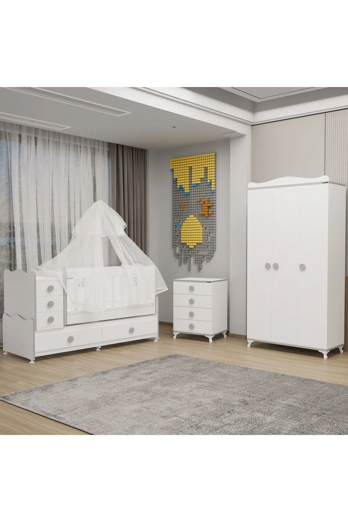 Garaj Home Melina Yıldız 3 Kapaklı Bebek Odası + Yatak + Uyku Seti - Gri