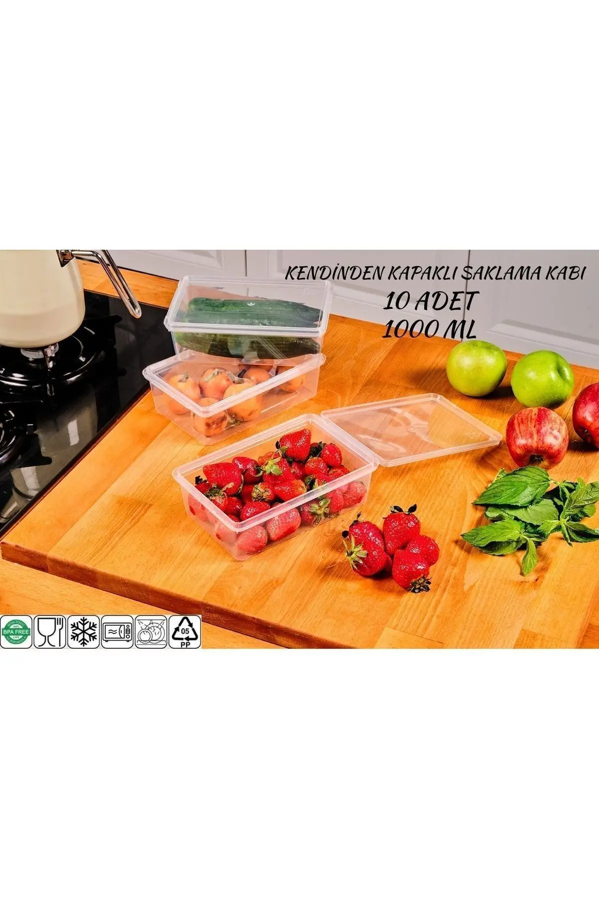 Plastik Saklama Kabı 1 Ltre 10 Adet Kendinden Kapaklı Dondurucu Kabı Hava Almaz 19x13x6 Cm