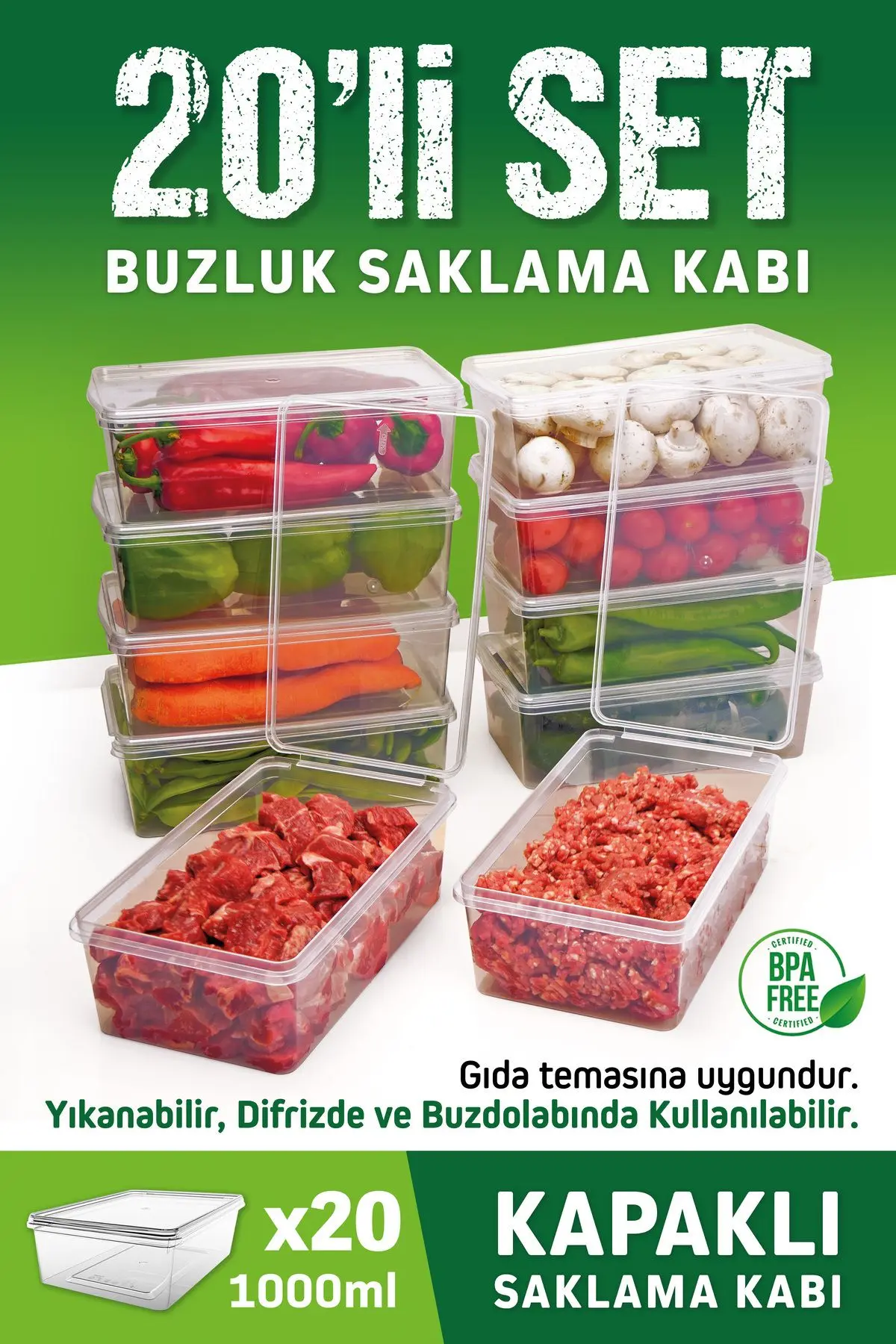 20 Adet 1 Lt. Kendinden Kapaklı Difrize Uygun Buzluk Saklama Kutusu Düzenleyici