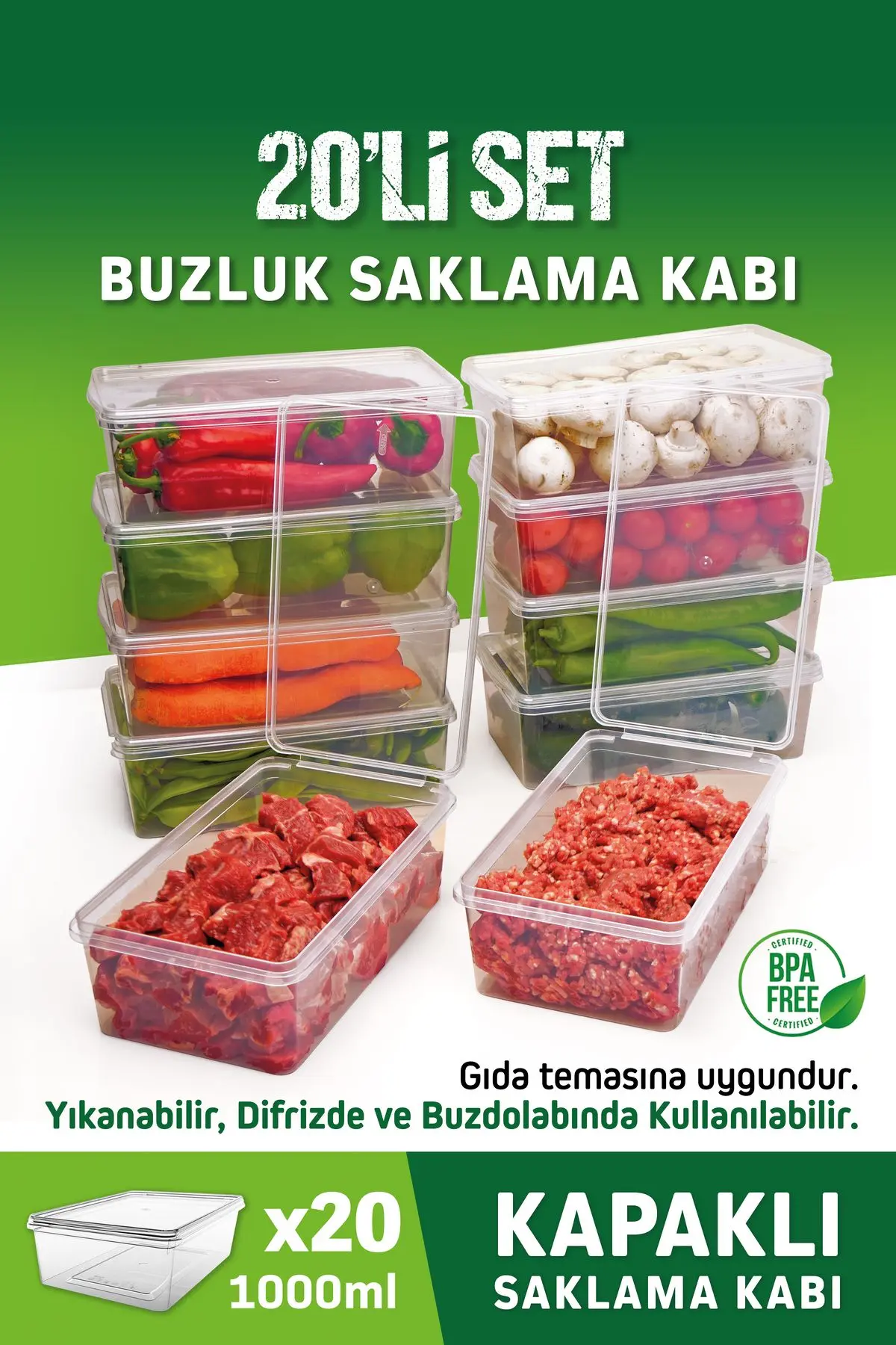 OFFBOX 20 Adet 1 Lt. Kendinden Kapaklı Difrize Uygun Buzluk Saklama Kutusu Düzenleyici