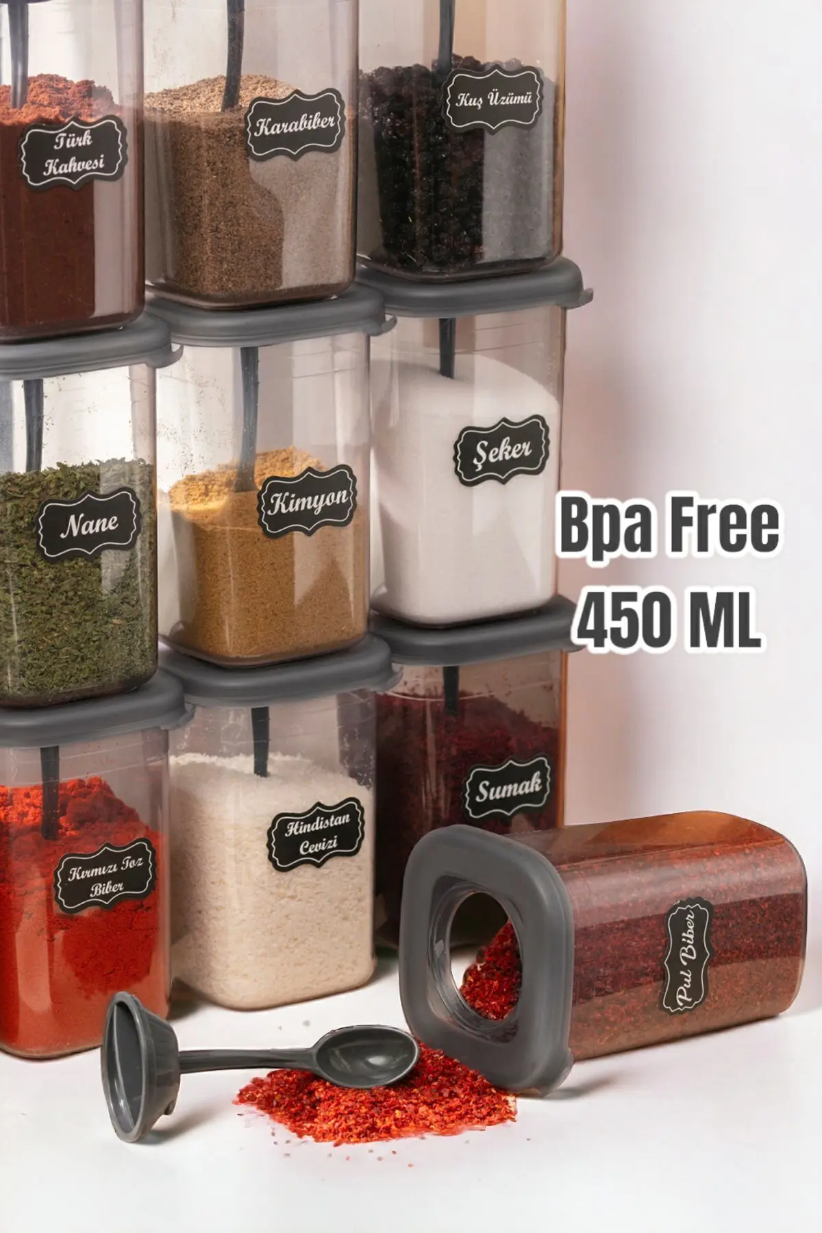 12'li 450ml Etiketli Ve Kilitlenebilir Kapaklı Kendinden Kaşıklı Baharatlık Seti - Etiket Hediye