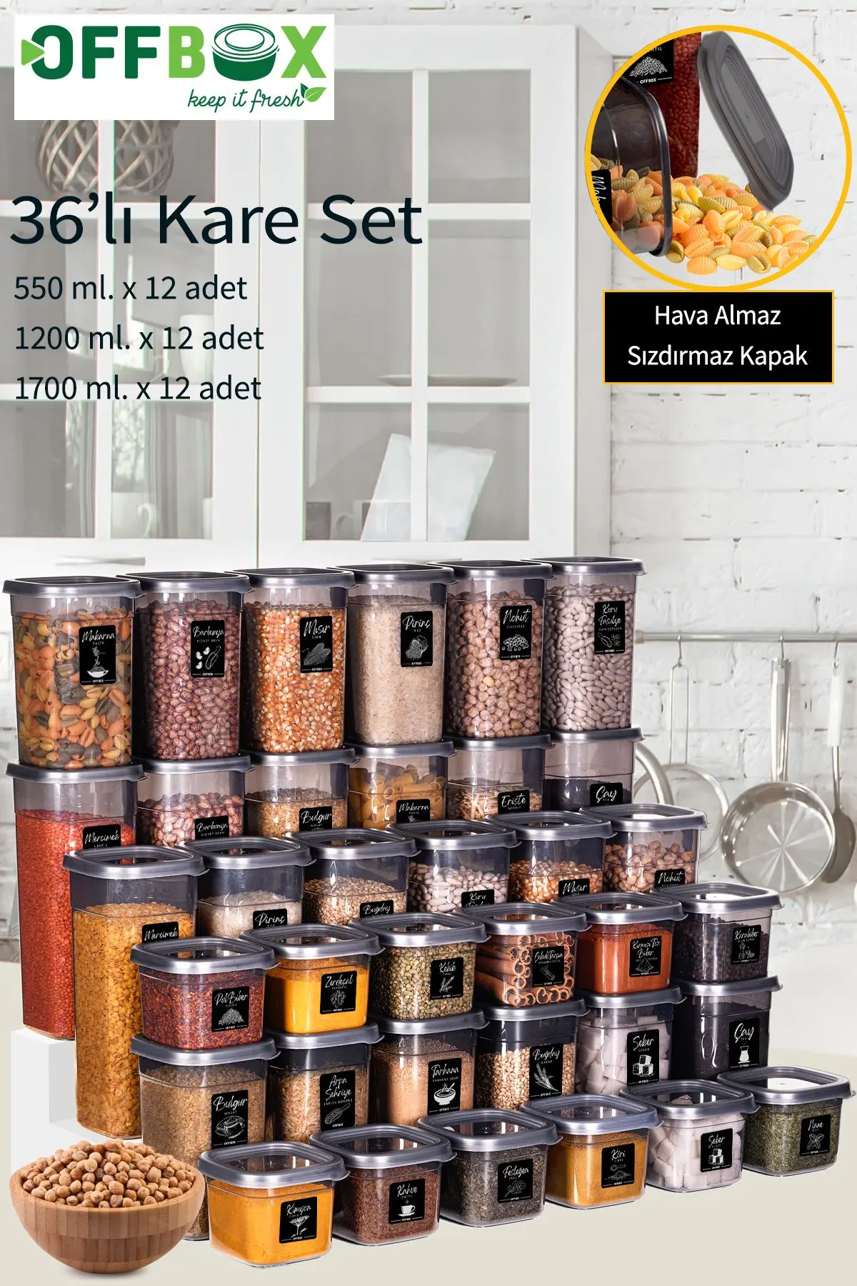 OFFBOX 36 Adet 72 Parça 0,55-1,2-1,7 Litre Kare Erzak Bakliyat Saklama Kabı Seti 60 Etiket Hediyeli