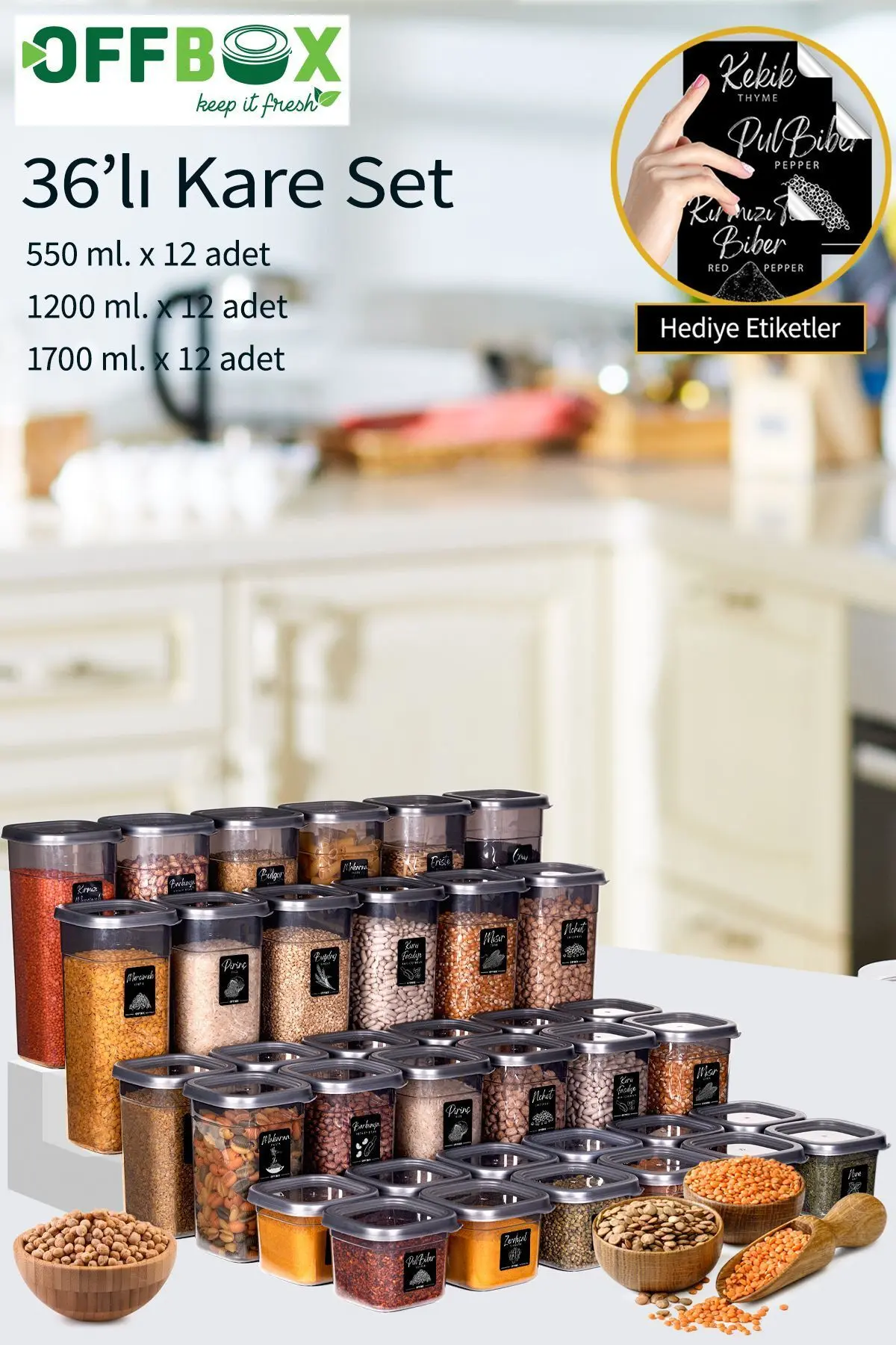 36 Adet 72 Parça 0,55-1,2-1,7 Litre Kare Erzak Bakliyat Saklama Kabı Seti 60 Etiket Hediyeli