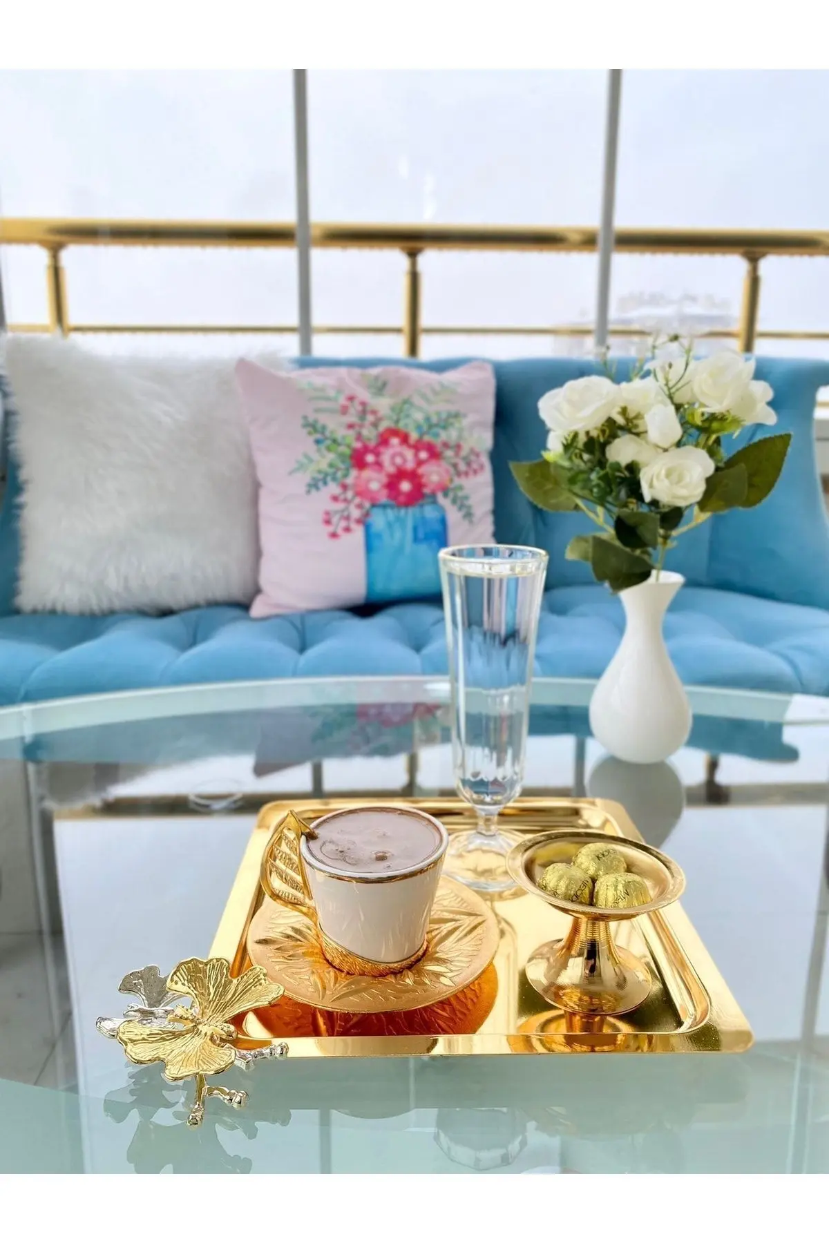 2 Farklı Renkte Kare Lüx Kelebek Aksesuarlı 3 Gold,3 Gümüş Paslanmaz Çelik Kahve,çay, Sunum Tepsisi