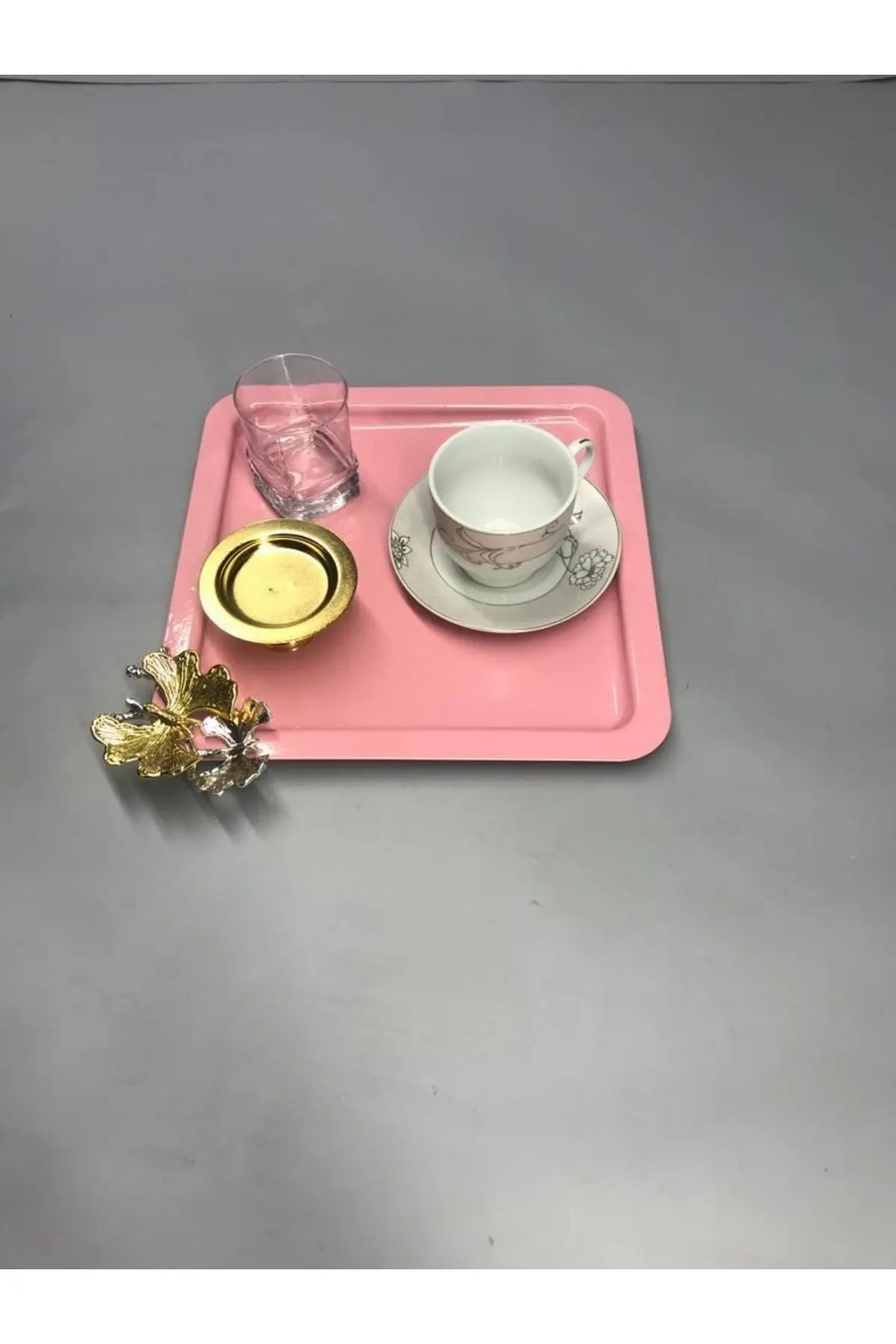 Lüx Kelebek Aksesuarlı Paslanmaz Çelik Kare 6’lı Açık Pembe Kahve, Çay, Dekoratif Sunum Tepsisi