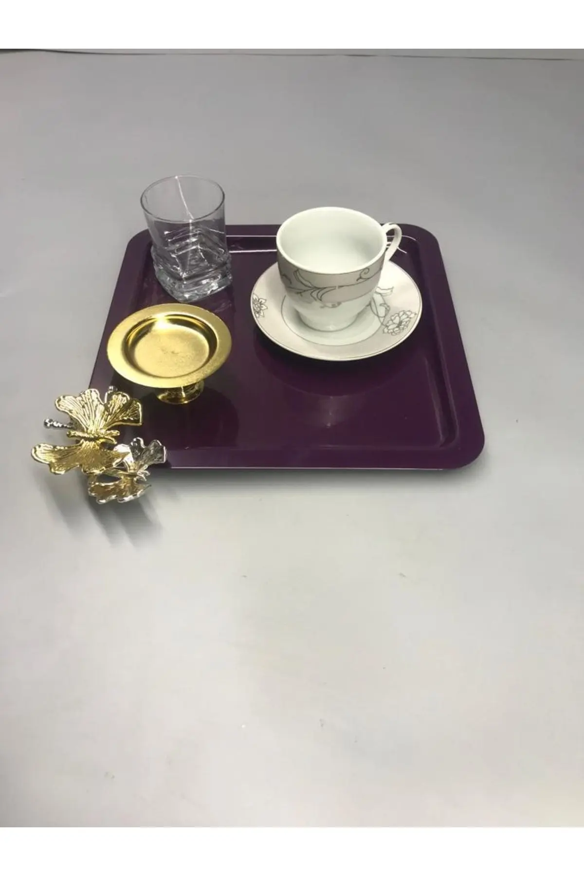 Lüx Kelebek Aksesuarlı Paslanmaz Çelik Kare 6’lı Mor Kahve, Çay, Dekoratif Sunum Servis Tepsisi