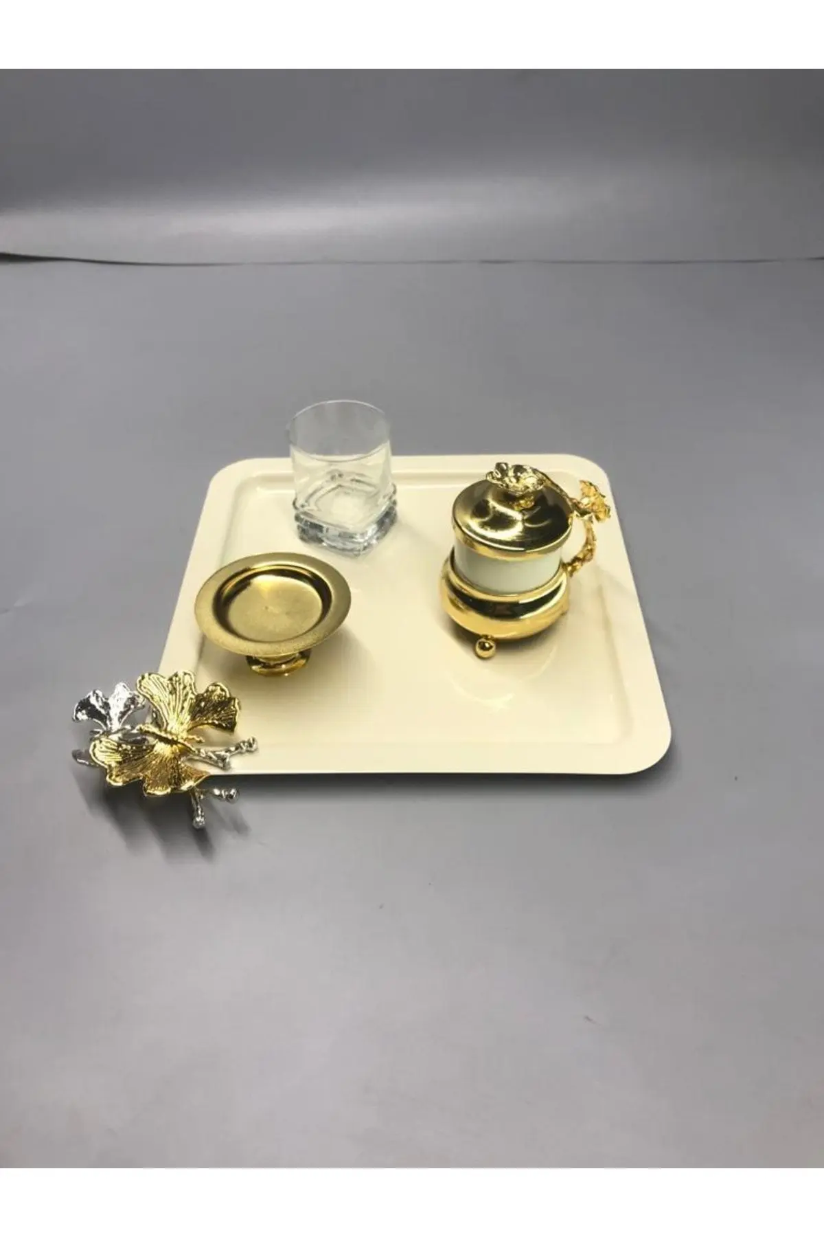 Lüx Kelebek Aksesuarlı Paslanmaz Çelik Kare 6’lı Krem Kahve, Çay, Dekoratif Sunum Servis Tepsisi
