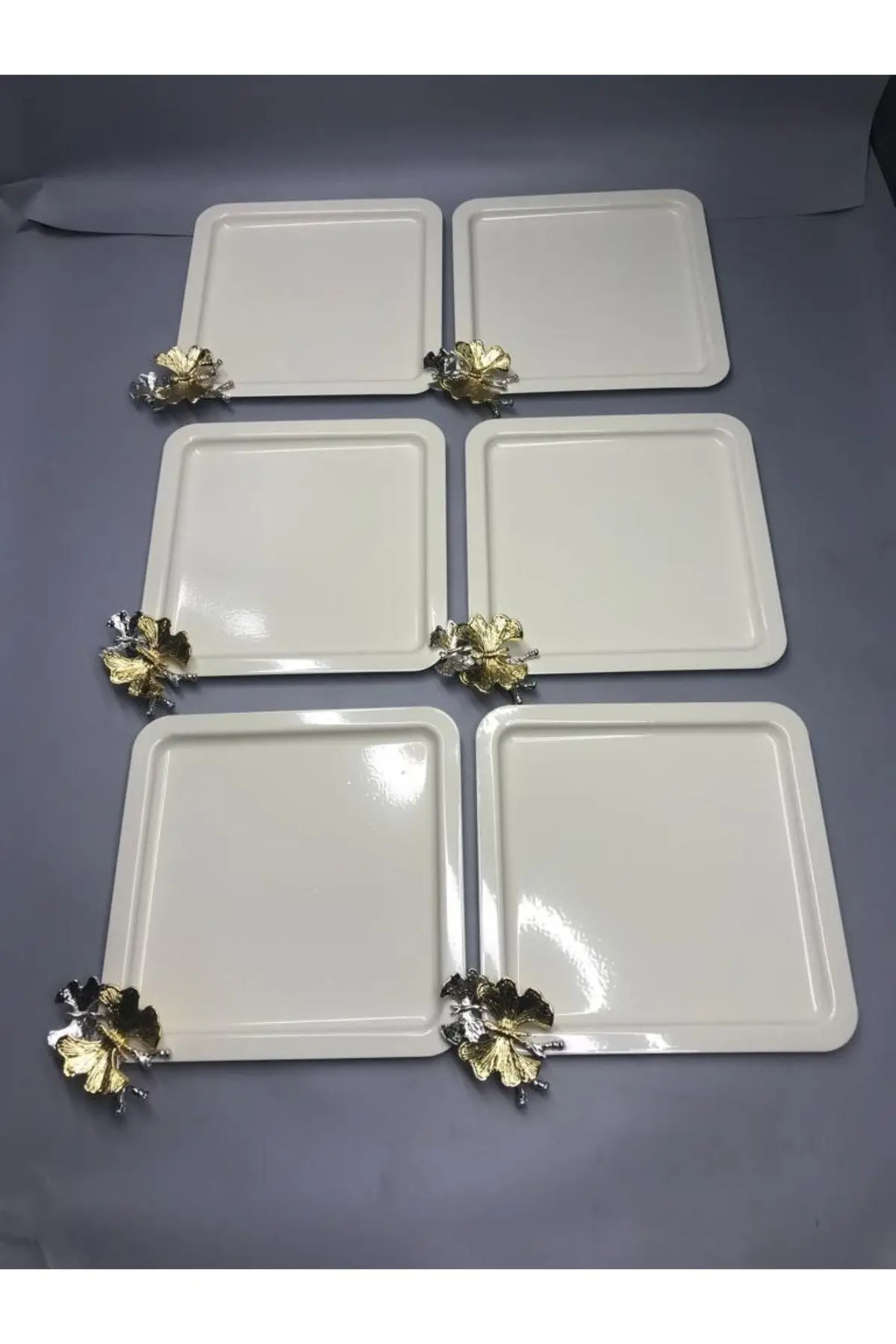 Lüx Kelebek Aksesuarlı Paslanmaz Çelik Kare 6’lı Krem Kahve, Çay, Dekoratif Sunum Servis Tepsisi