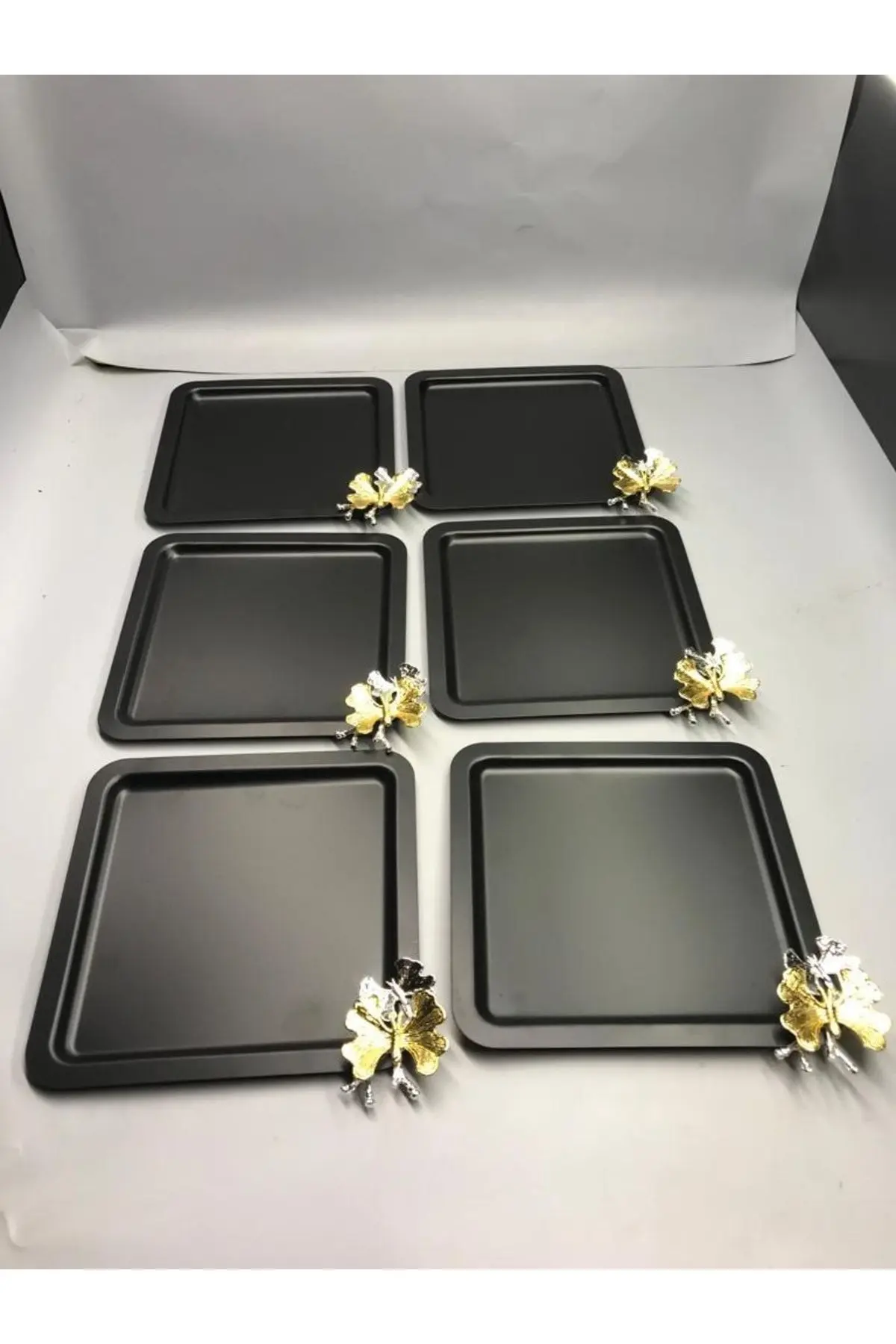 Lüx Kare Kelebek Aksesuarlı Paslanmaz Çelik 6’lı Siyah Kahve, Çay, Dekoratif Sunum Servis Tepsisi
