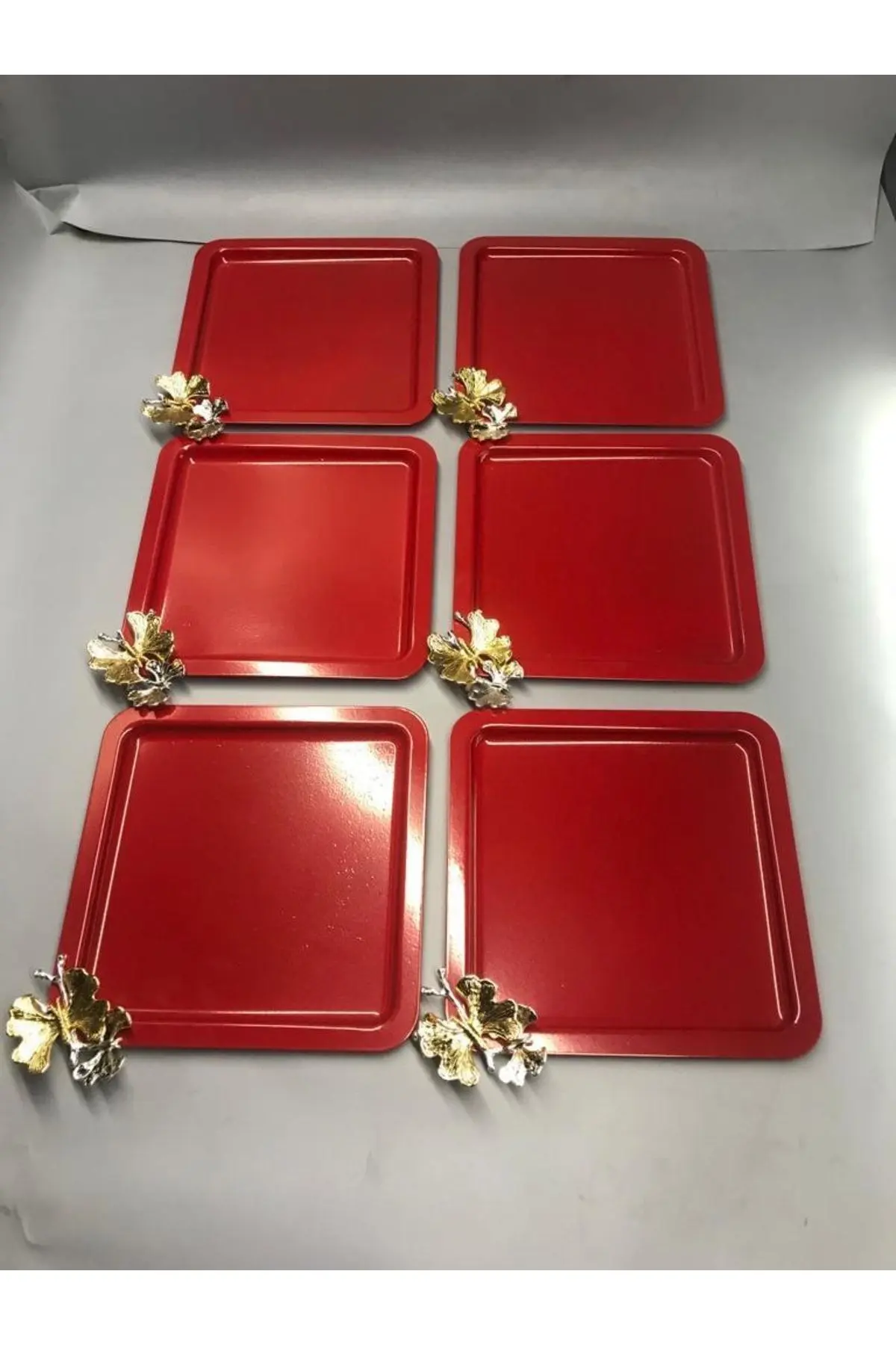 Mira züccaciye Lüx Kelebek Aksesuarlı Paslanmaz Çelik Kare 6’lı Kırmızı Kahve, Çay, Dekoratif Sunum Servis Tepsisi