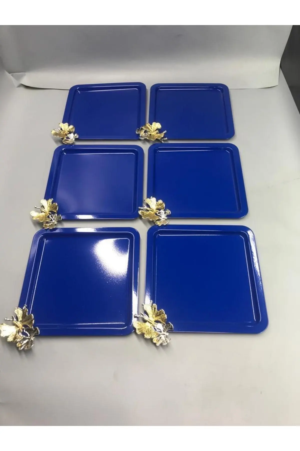 Mira züccaciye Lüx Kelebek Aksesuarlı Paslanmaz Çelik Kare 6’lı Mavi Kahve, Çay, Dekoratif Sunum Servis Tepsisi