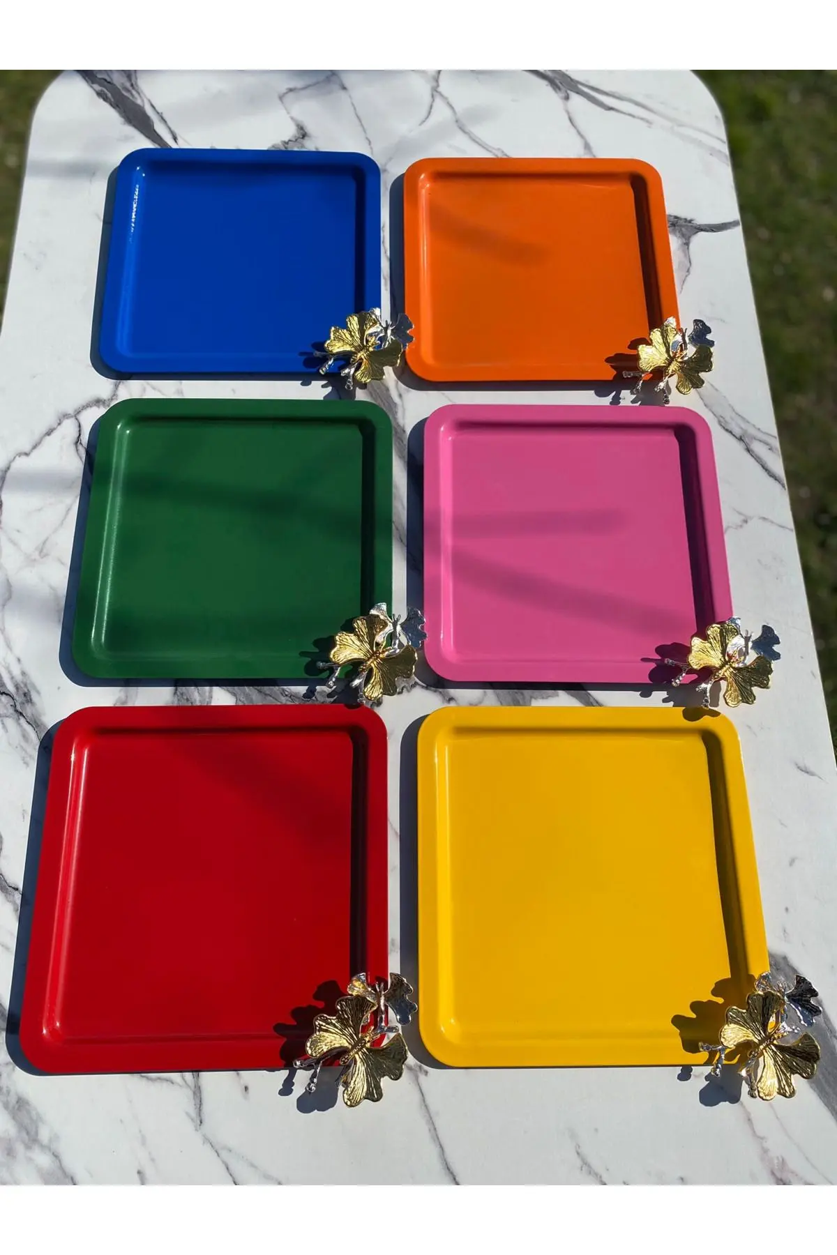 Lüx 6’lı karışık Renkte kare Kelebek Aksesuarlı Paslanmaz Çelik Kahve,Dekoratif Sunum Servis Tepsisi