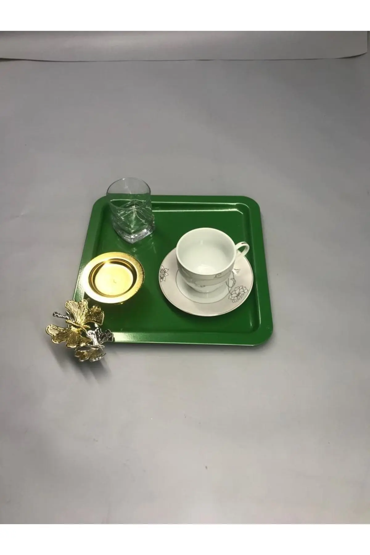 Lüx Kelebek Aksesuarlı Paslanmaz Çelik Kare 6’lı Yeşil Kahve, Çay, Dekoratif Sunum Servis Tepsisi